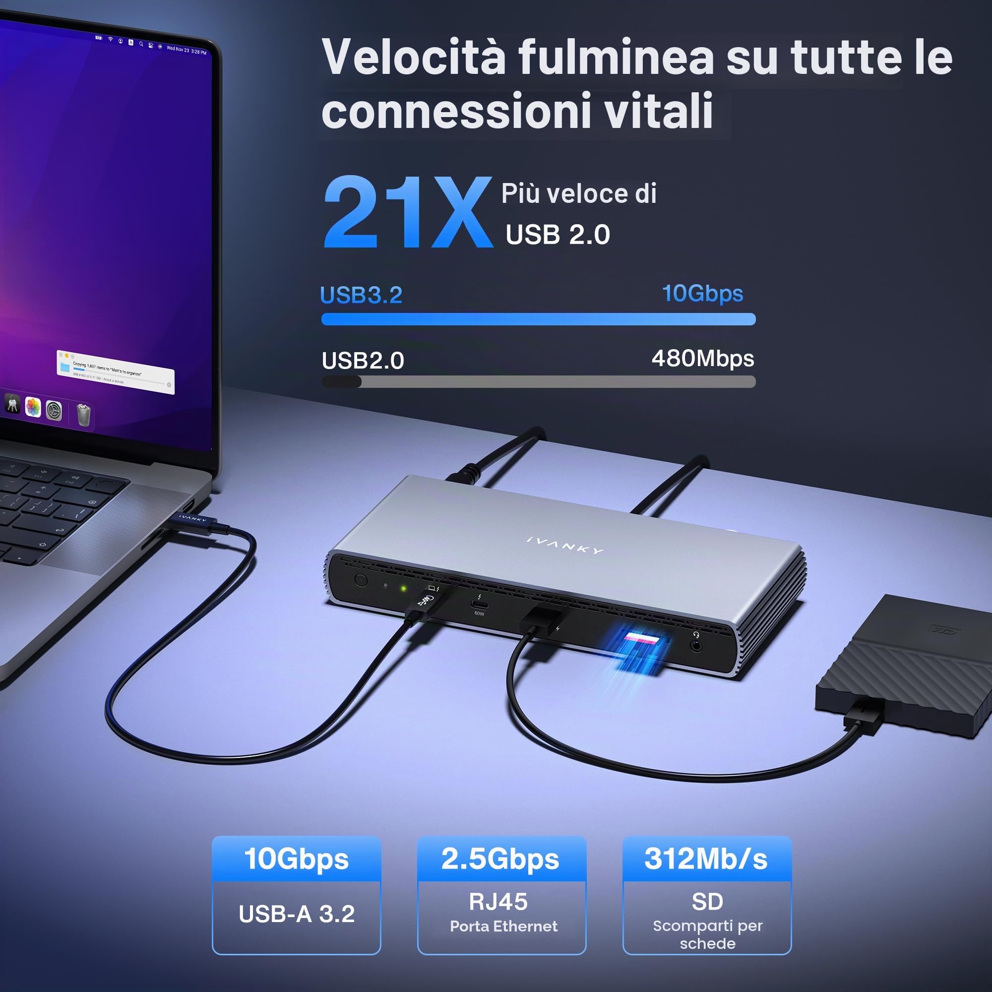 iVANKY Thunderbolt 5 Dock FusionDock Pro 3 Docking Station Hub 11 in 1 Singolo 8K, Doppio 6K@60Hz per MacBook M1/M2/M3/M4/M5 Pro/Max, Doppio 8K@60Hz per Windows TB5, Alimentazione 180W, 120Gbp, 2.5GbE