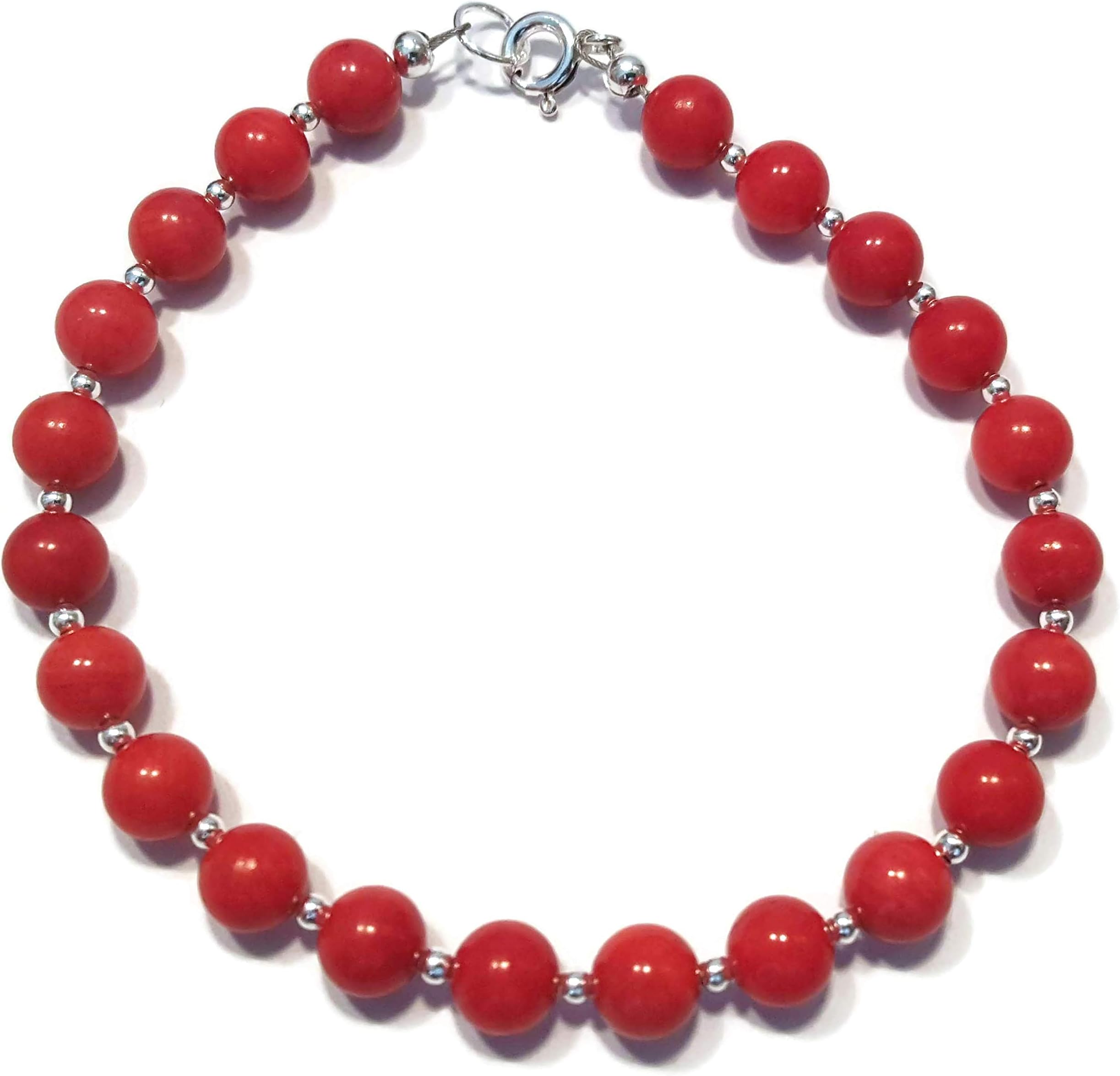 Red Coral Bracelet in Sterling Silver, Coral Gemstone Beaded Jewellery for Women or Men 7.5 inch