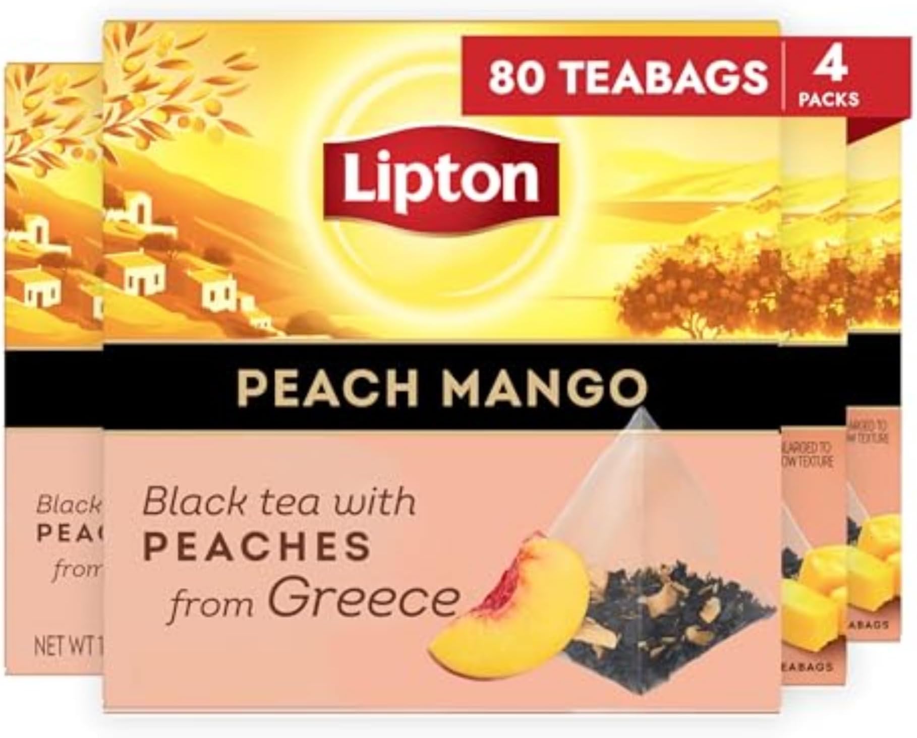 Lipton Black Tea Peach Mango, Pyramid Tea Bags, Flavored Teabags for a Refreshing Cup of Tea, 80 Total Tea Bags (20ct - Pack of 4)