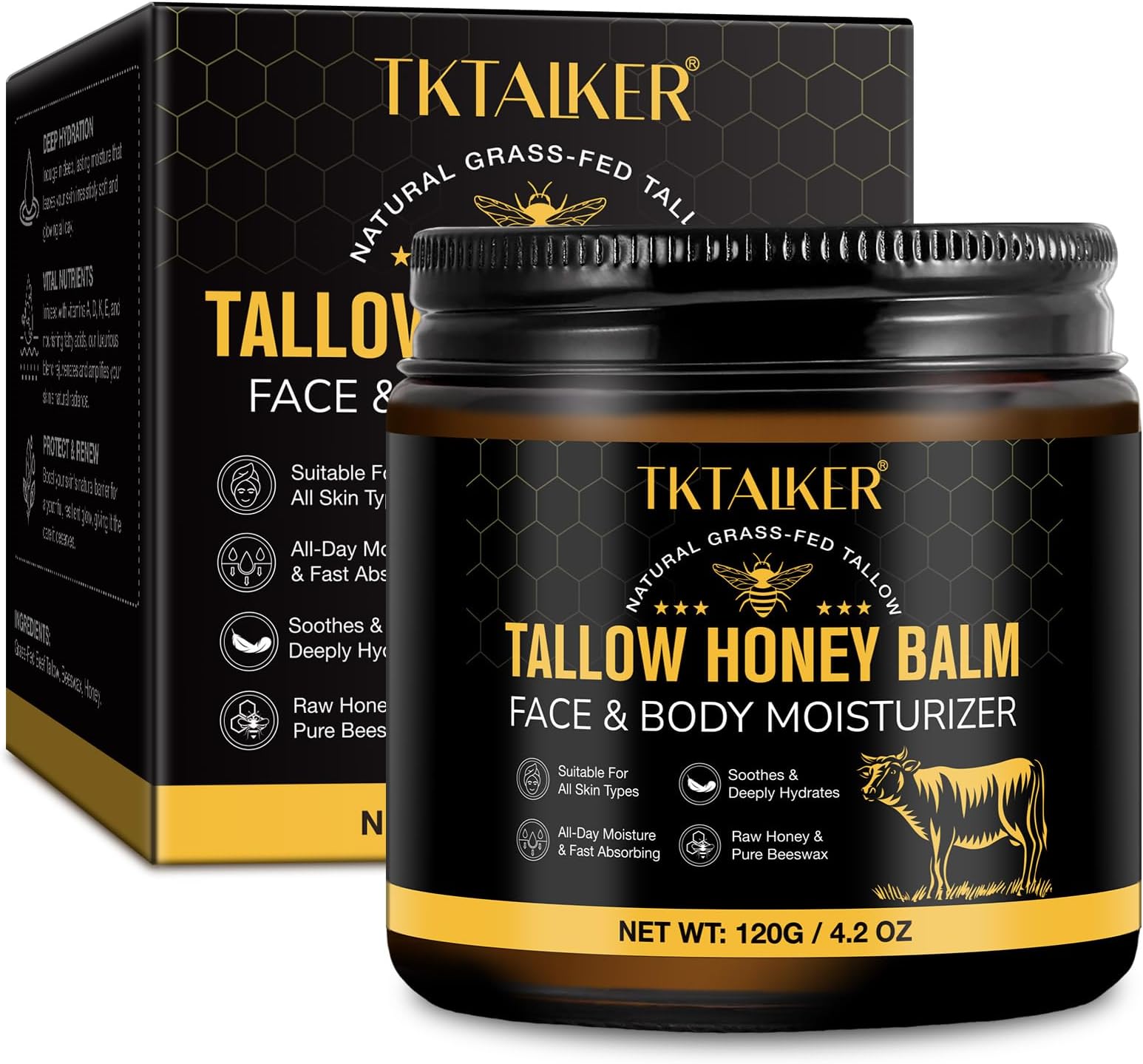 TKTALKER Beef Tallow for Skin,Beef Tallow for Face,Hydrating Tallow Balm with Raw Honey and Beeswax-Raw Batana Oil for Hair Growth