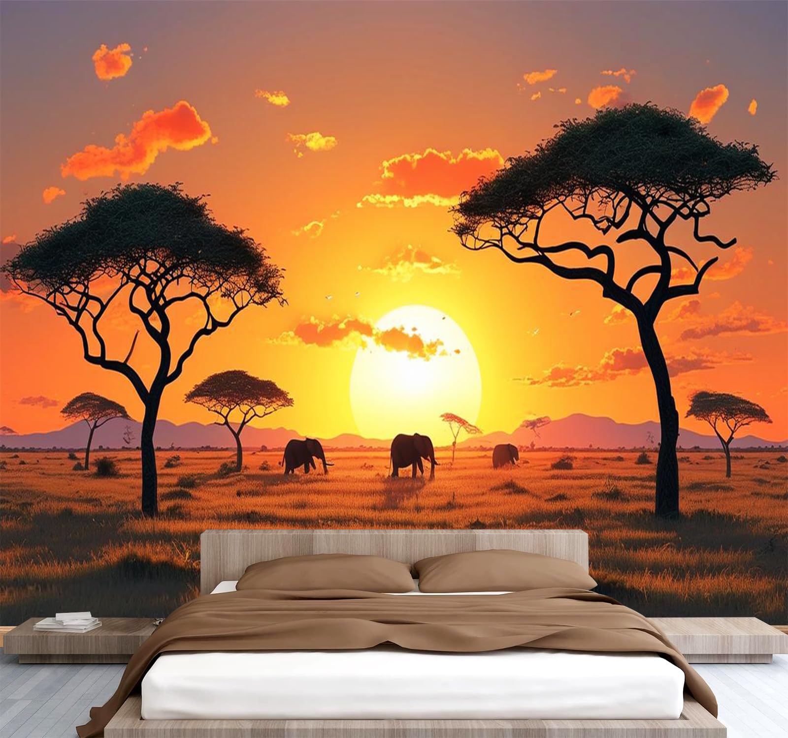 Générique Papier Peint Panoramique 3D 400x280 cm Afrique éléphants Non-tissé Murale Maison Décoration Intérieure Coucher De Soleil pour Chambre Salon Mur TV Artistique Poster Décoration Murale 1M1601