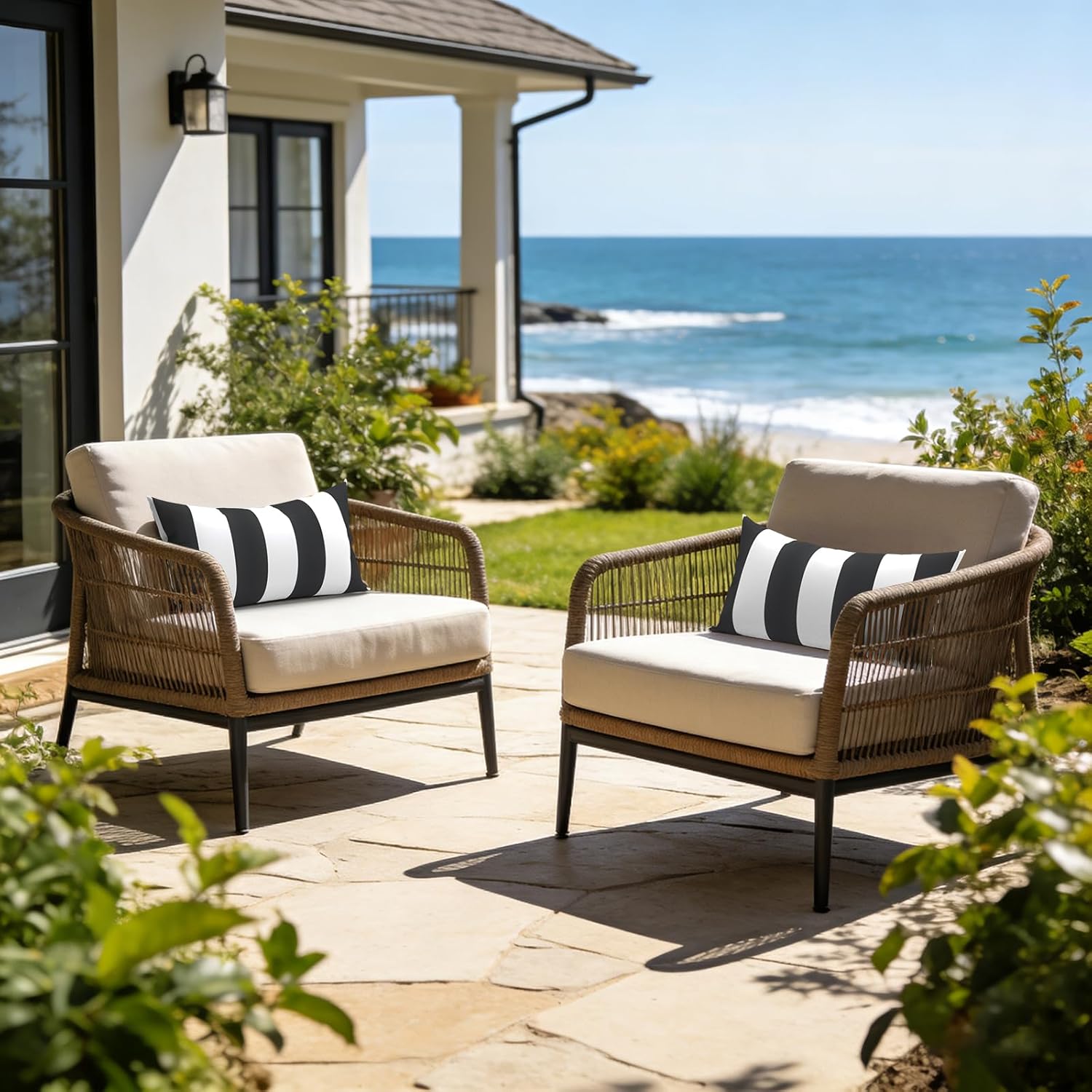 LVTXIII Outdoor/Indoor Lumbar Pillows, Decorative Patio Lumbar Cushions, Fluffy Water Repellent Garden Cushions for Home Patio Coach Sofa Use, 12×20 Inch, Pack of 2, Cabana Black