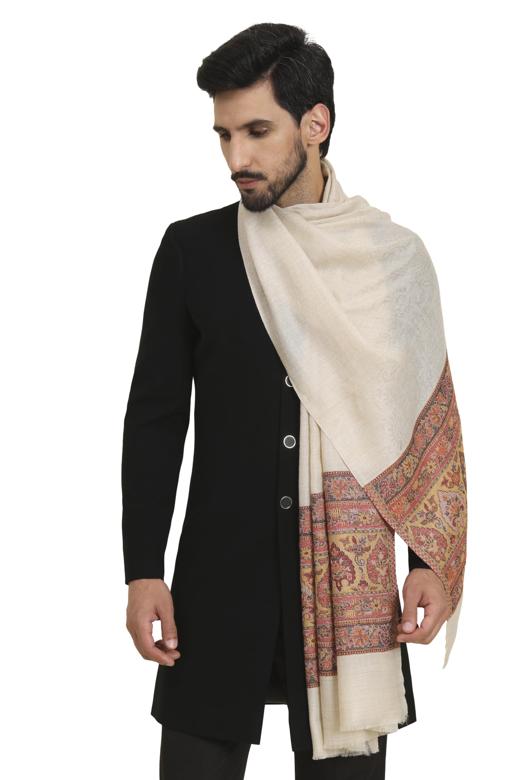 pashtush Mens Extra Fine Wool Stole, Pasiley Palla design, Beige-picture-38