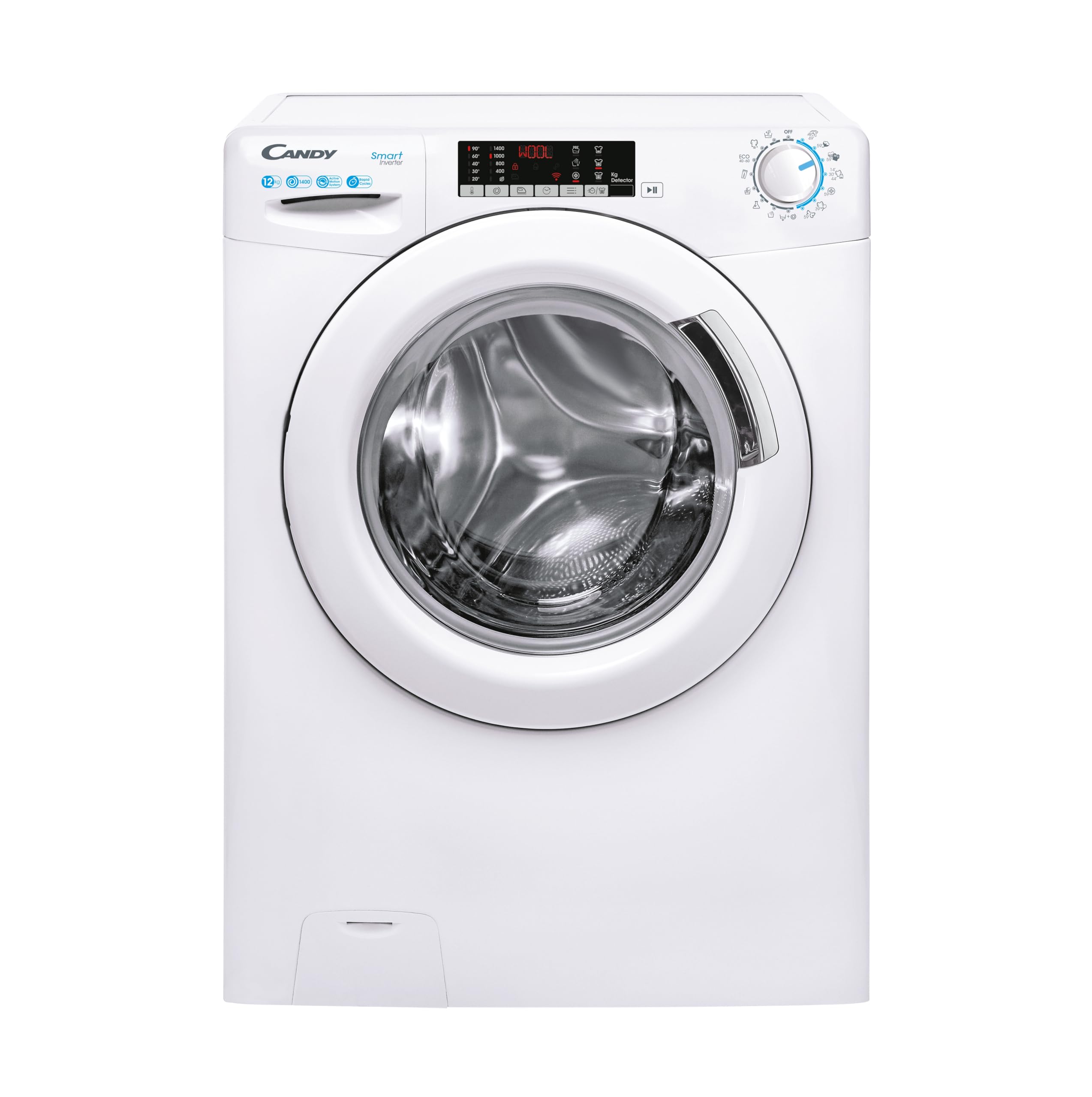 Quddiem view of the Candy CS1412TME/FR washing machine.