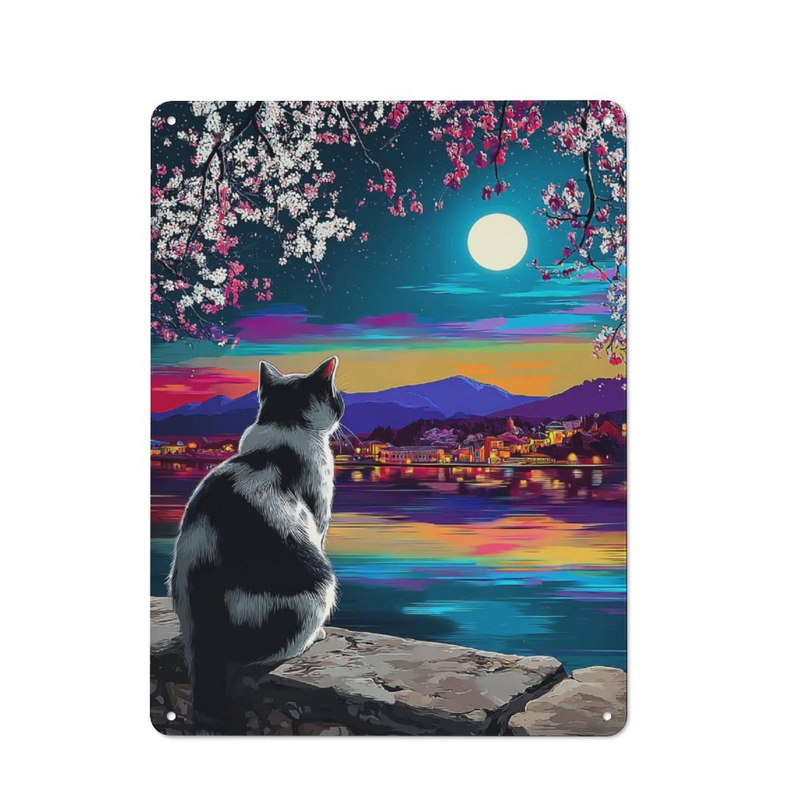 Junmoney Cherry Blossom Moonlit Cat Scene Vintage Metal Sign 40X30cm For Lounge Or Reading Corner, For Garage, Workshop And Man Cave Decoration