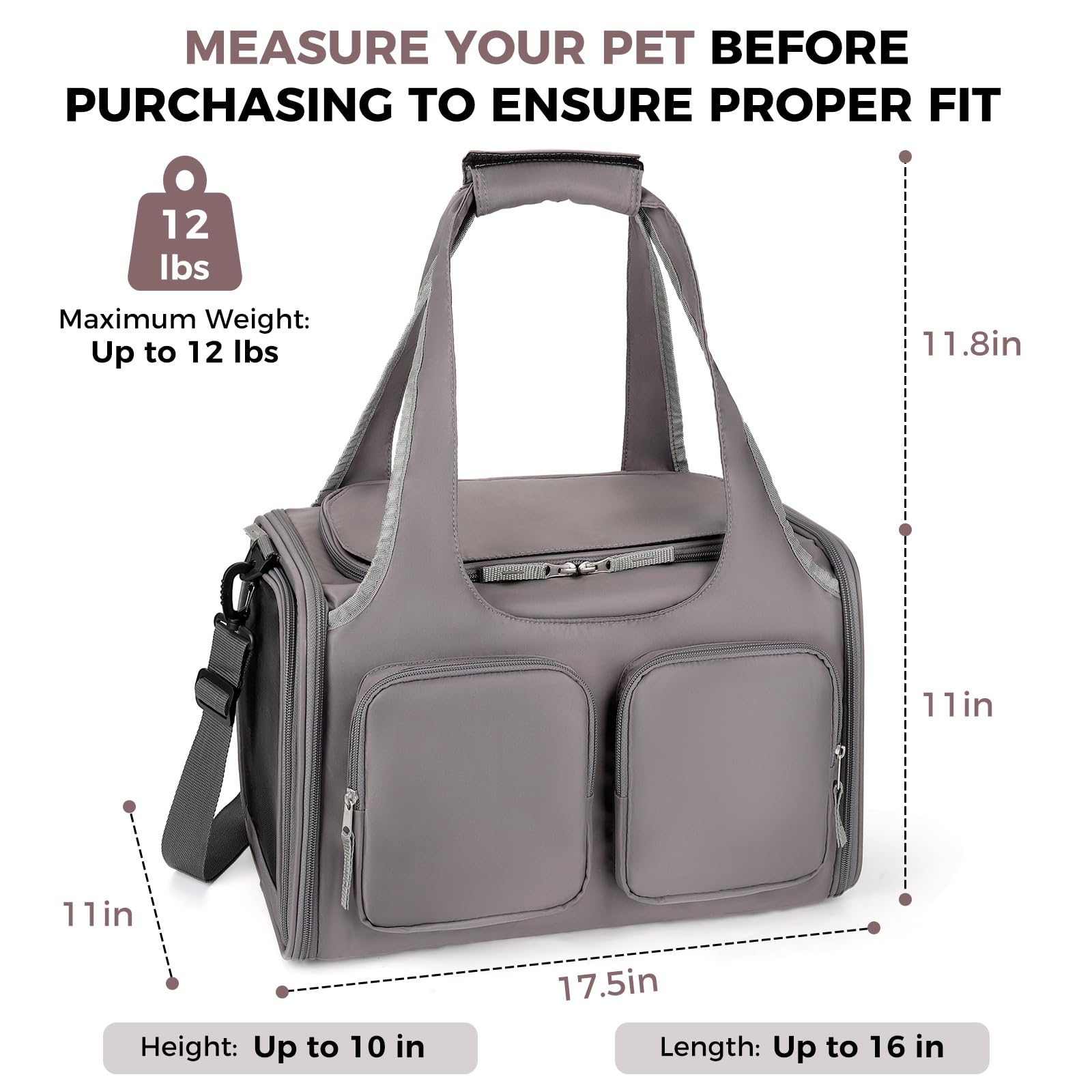 Dog, Cat Carrier for Pets Up to 12 Lbs, Airline Approved Collapsible Soft-Sided Pet Travel Bag with Locking Zippers, Breathable Mesh and 4 Large Pockets, Removable Fleece Pad (Grey) - image 2