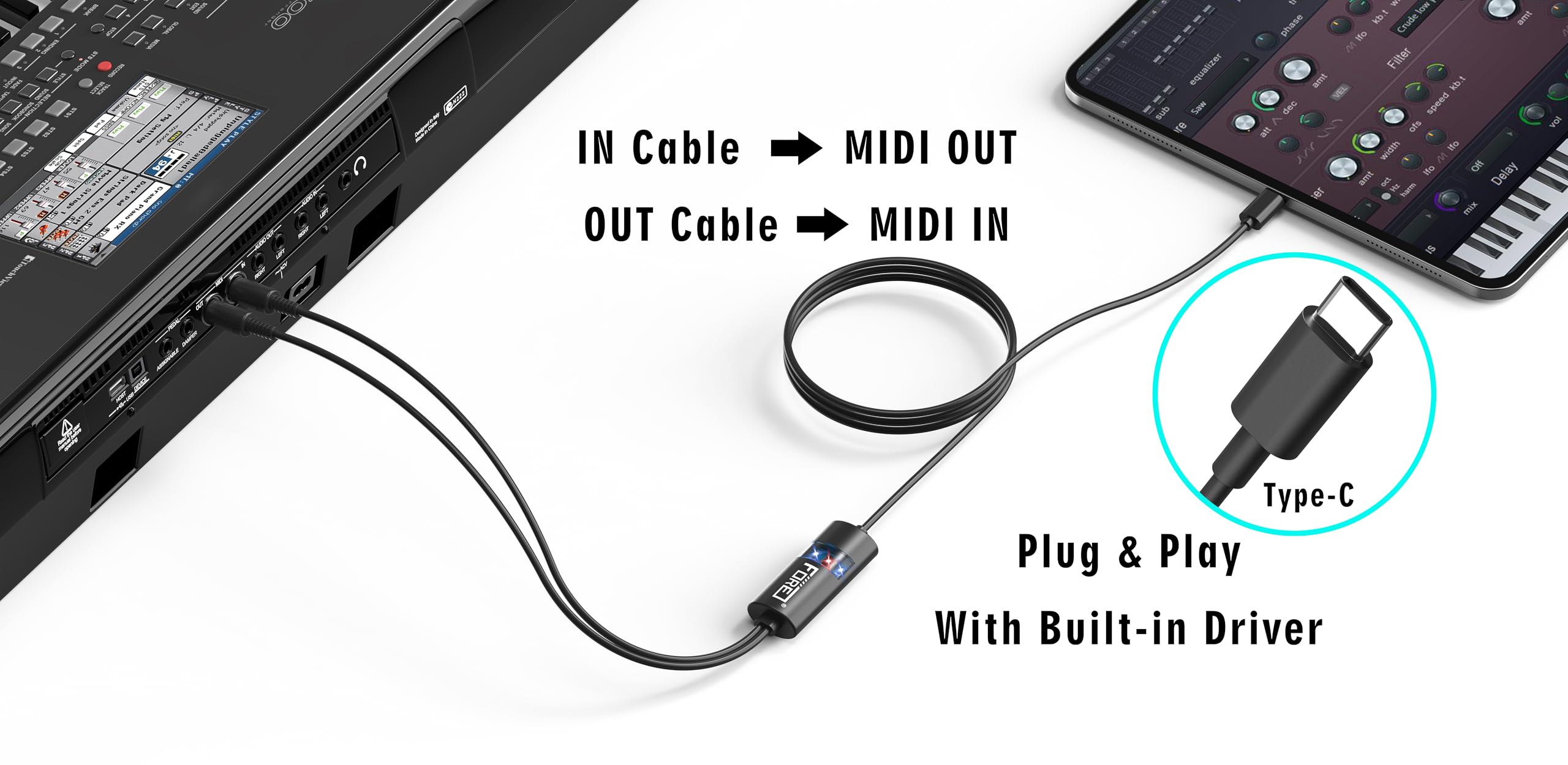 FORE MID zu USB Kabel Konverter Kompatibel mit USB-Typ-C-MIDI-Kabel mit Input&Output Funktioniert mit MIDI-Tastatur/Synthesizer/MIDI-Deivce Kompatibel mit iOS&Android, Windows/Mac OS Schwarz - 2m