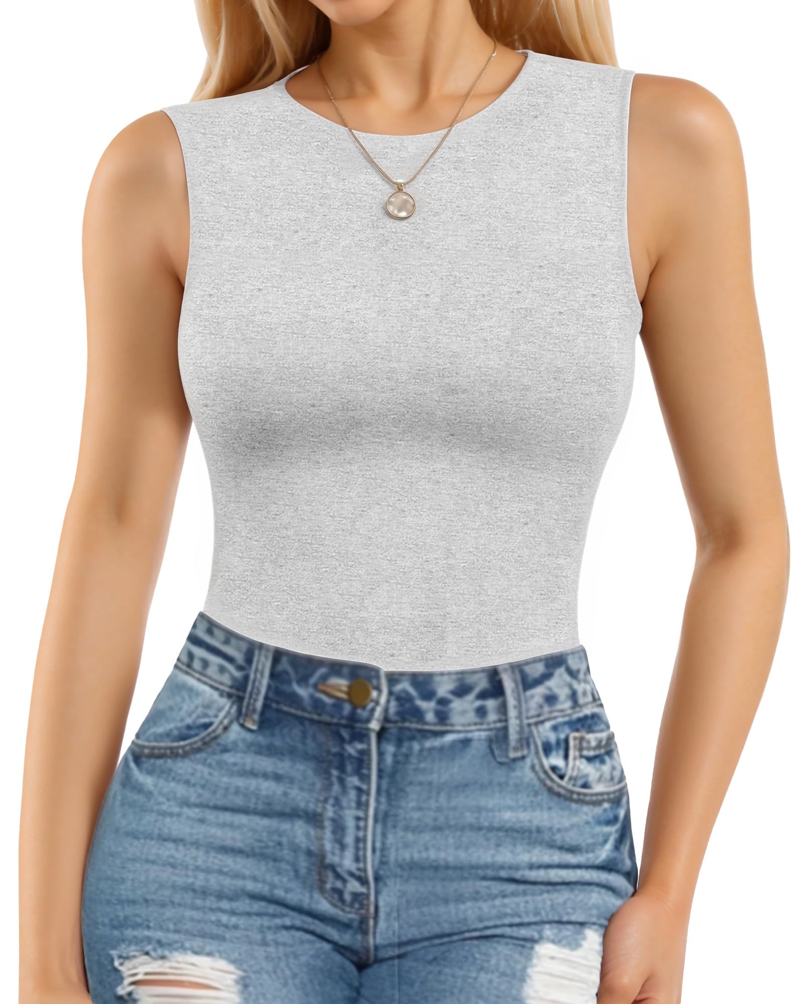 MANGOPOP Sleeveless Bodysuits for Women Crew Neck Tank Top