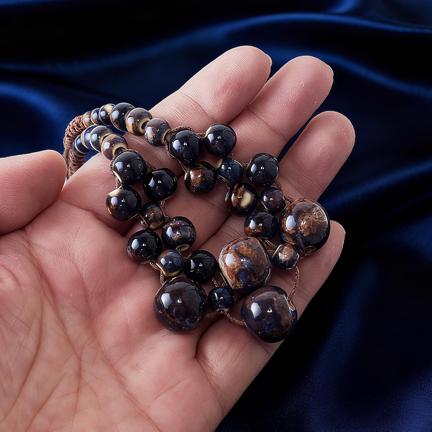 Blue Gray Colorful Ceramic Beaded Necklace for Women, Adjustable Bohemian Handmade Jewelry Unique Gift for Birthday Summer Festival​