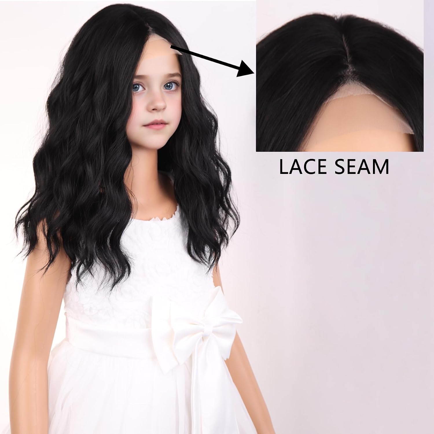 Black Wig for Kids Girls Short Lace Seam Curly Wavy Heat Resistant Synthetic Hair Wigs for Daily Use Cosplay Wig With Wig Cap