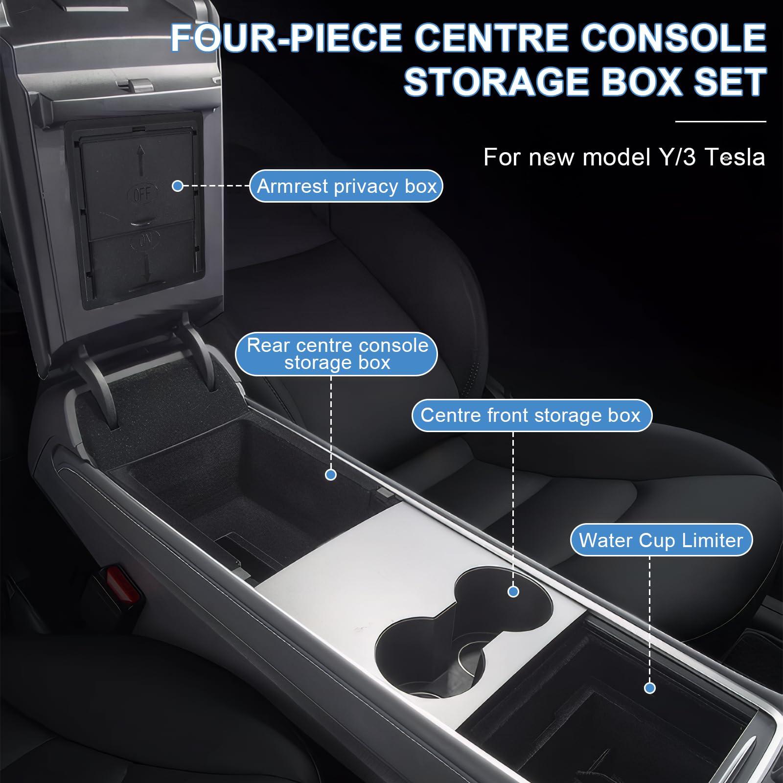 Lot de 4 Organiseurs de Console Centrale pour Tesla Model 3/Y 2021-2024, Plateau de Rangement Console Centrale + Accoudoir Boîte de Rangement + Porte Gobelet, pour Tesla Model 3 Y Accessoires