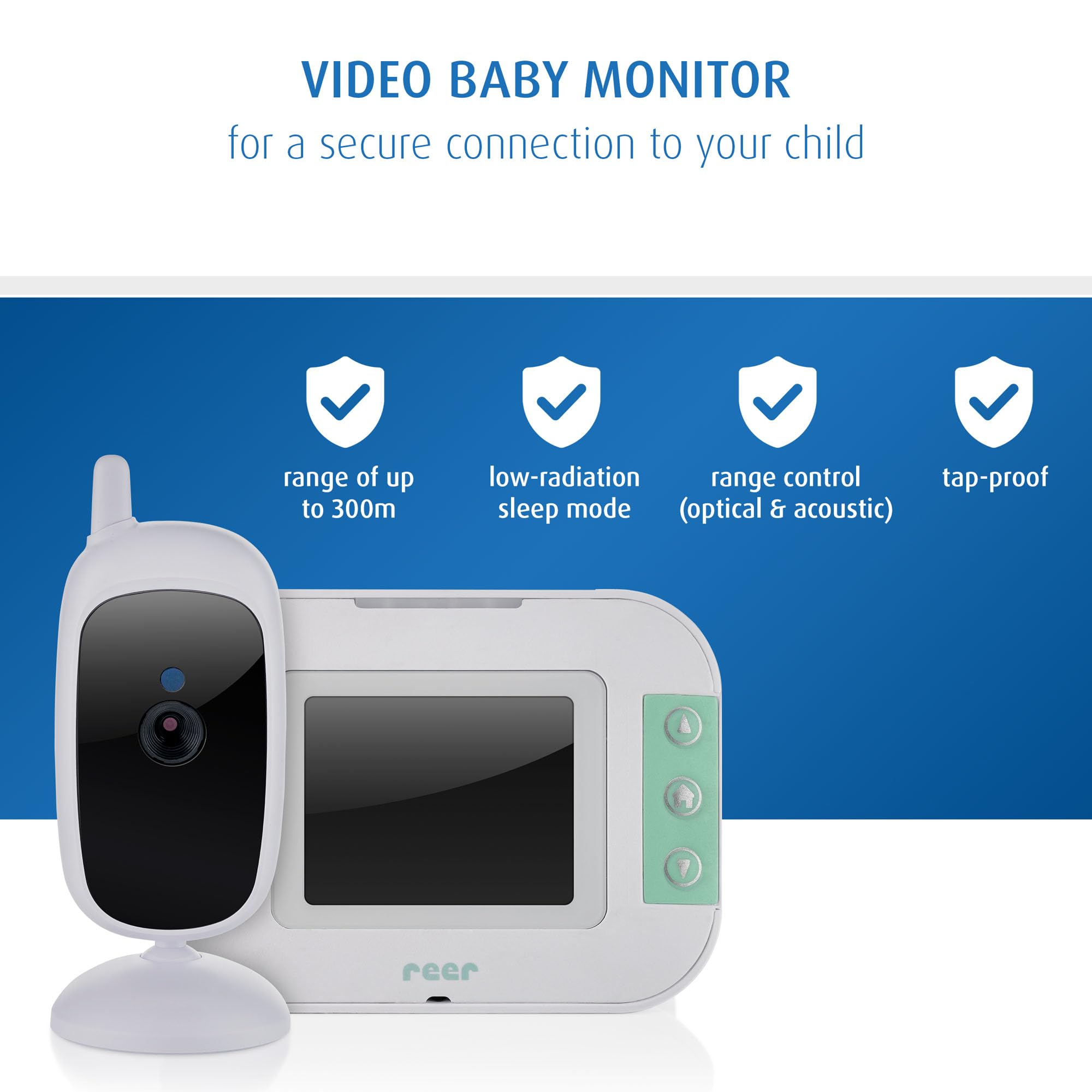 reer BabyCam S - Babycam S - Babyphone vidéo numérique - Technologie FHSS Anti-écoute - Portée de 300 m - Vision Nocturne - Fonction interphone - Berceuses intégrées