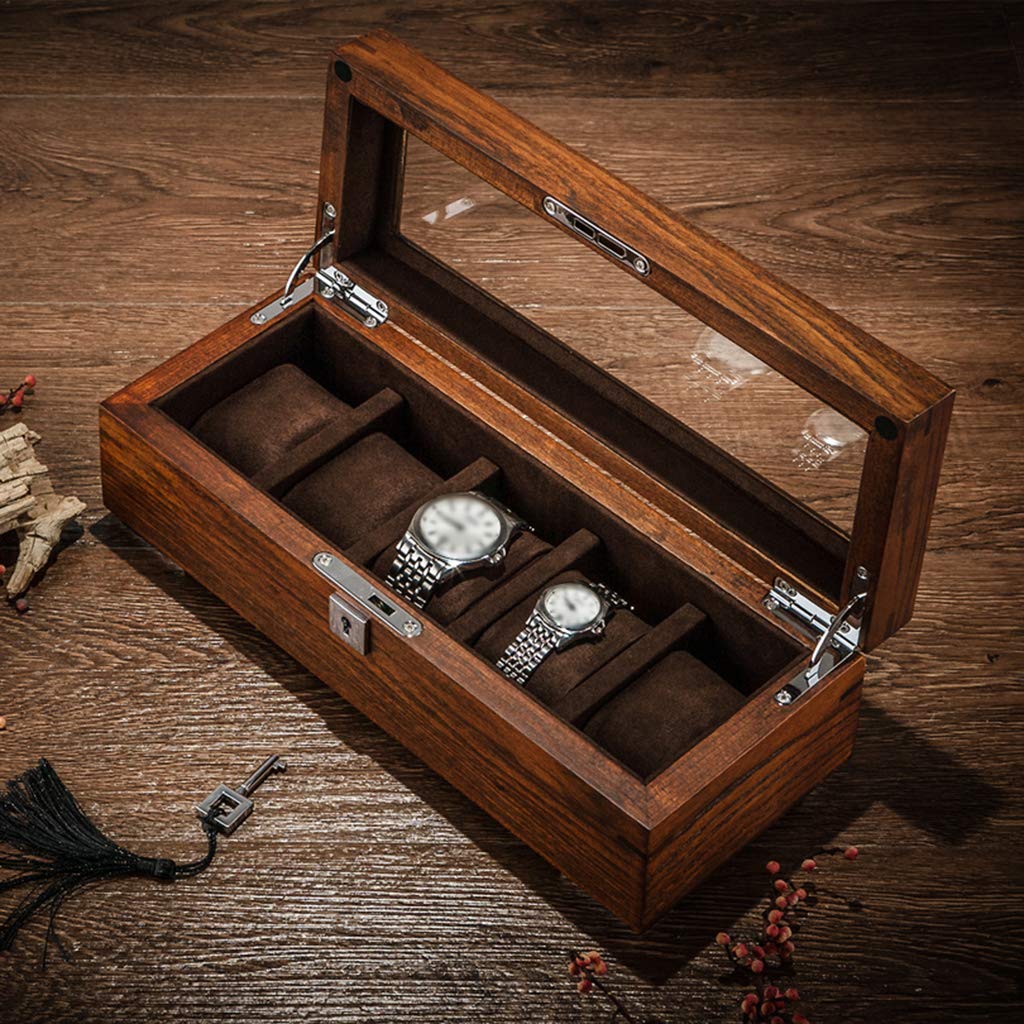 Caja de almacenamiento para exhibición de joyas y relojes de 5 rejillas, organizadores de pulseras, cajas de exhibición con 5 cojines extraíbles y tapa de vidrio para hombres y mujeres (marrón)