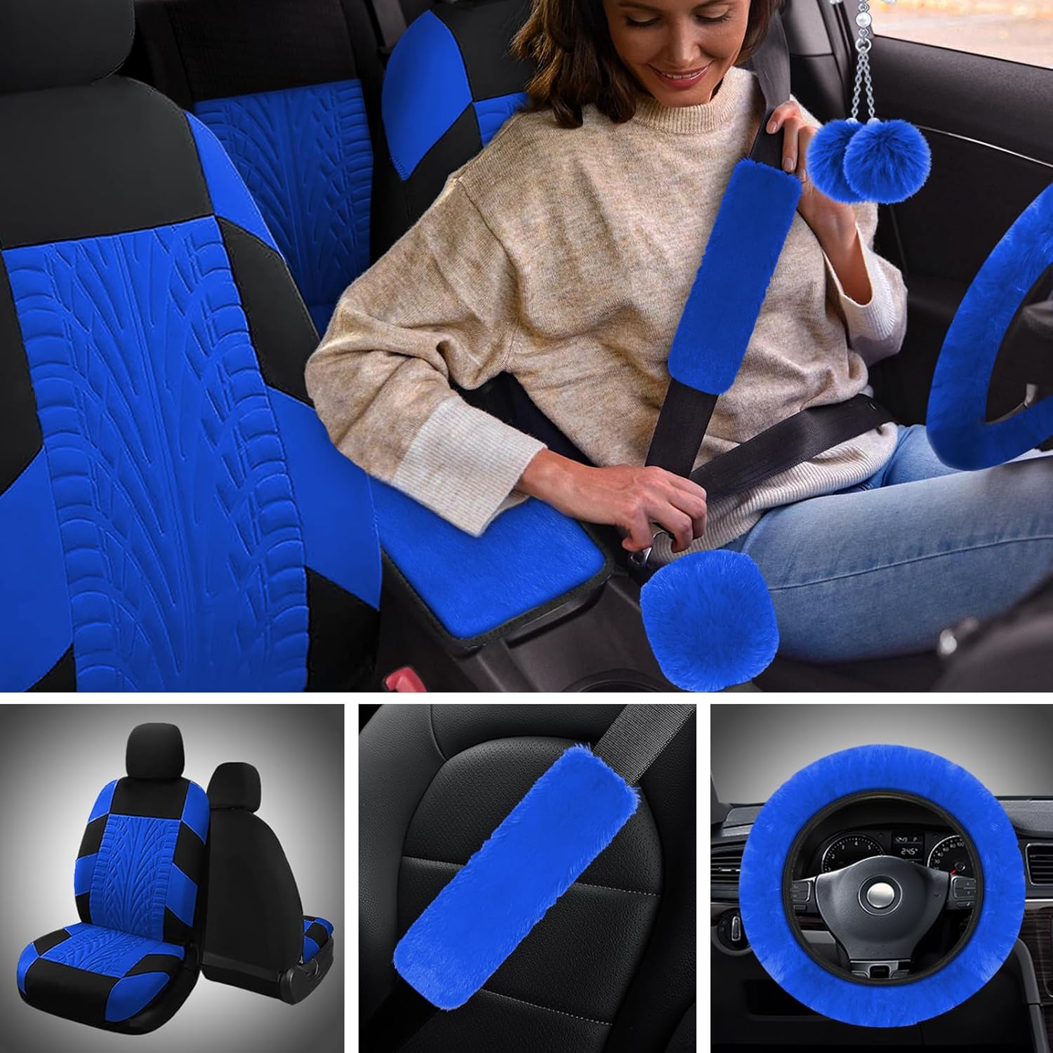 21 Pcs Car Seat Covers Full Set for Women,Car Seat Covers for Car Floor Mats,3D Tyre Print with 5mm Composite Sponge Automotive Interior Universal Car Seat Cover,Accessories Full SUV(Blue)