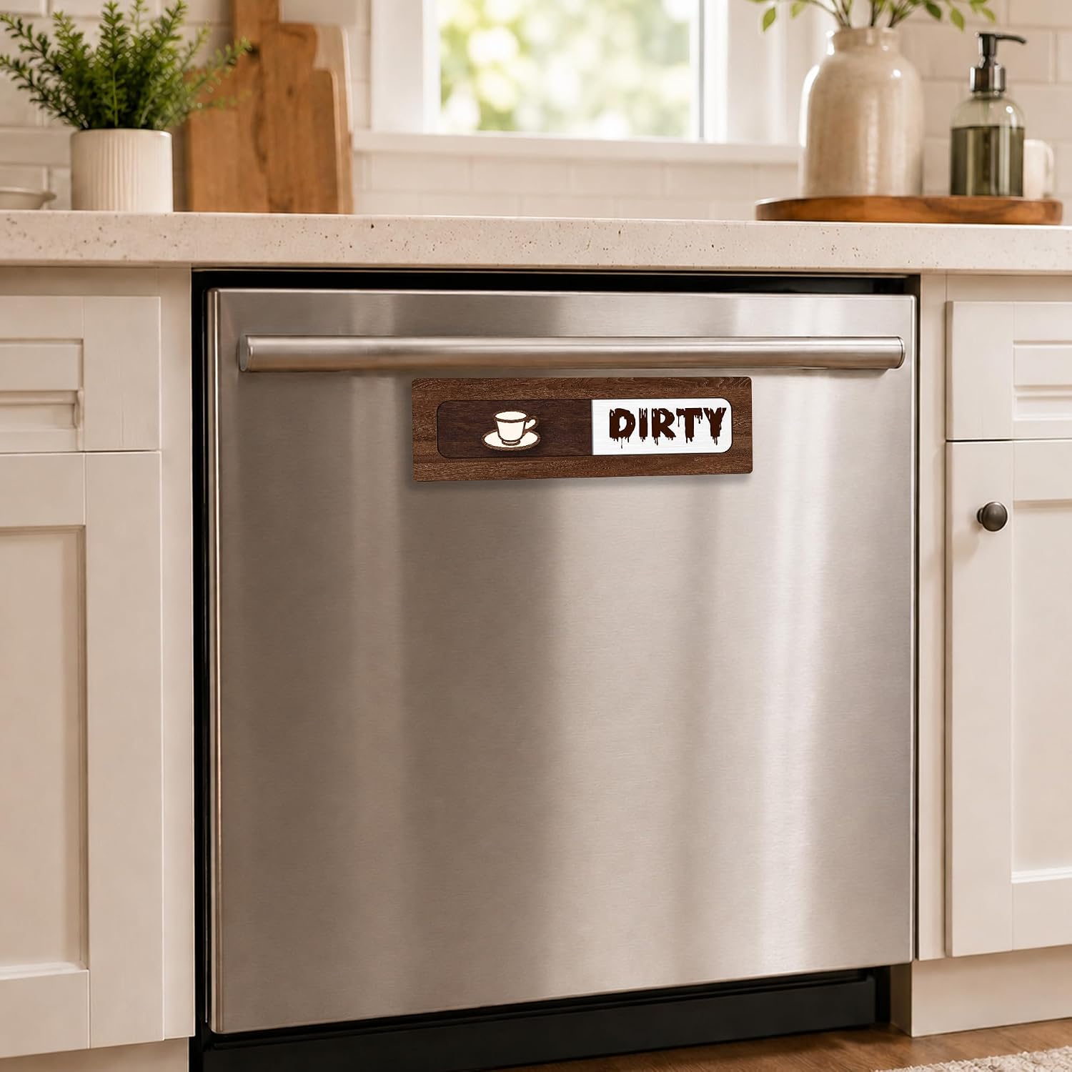 Coffee Cup Clean Dirty Dishwasher Magnet Sign, 2 x 7 Inch Wooden Slider Reminder for Kitchen Dishwasher Door, Rustic Wood Clean or Dirty Magnetic Switch Plaque for Home Kitchen Decor - A01 image 5