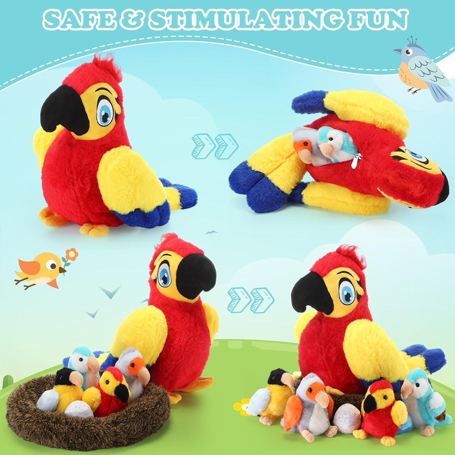RoundFunny 7 Pcs Macaw Parrot Stuffed Animal Toys Set 9.8 Inch Mommy Parrot Plush with 4 Cute Baby Plush, 1 Egg and 1 Large Bird Nest Gifts for Kids Birthday Baby Shower Party Favors Classroom Prizes