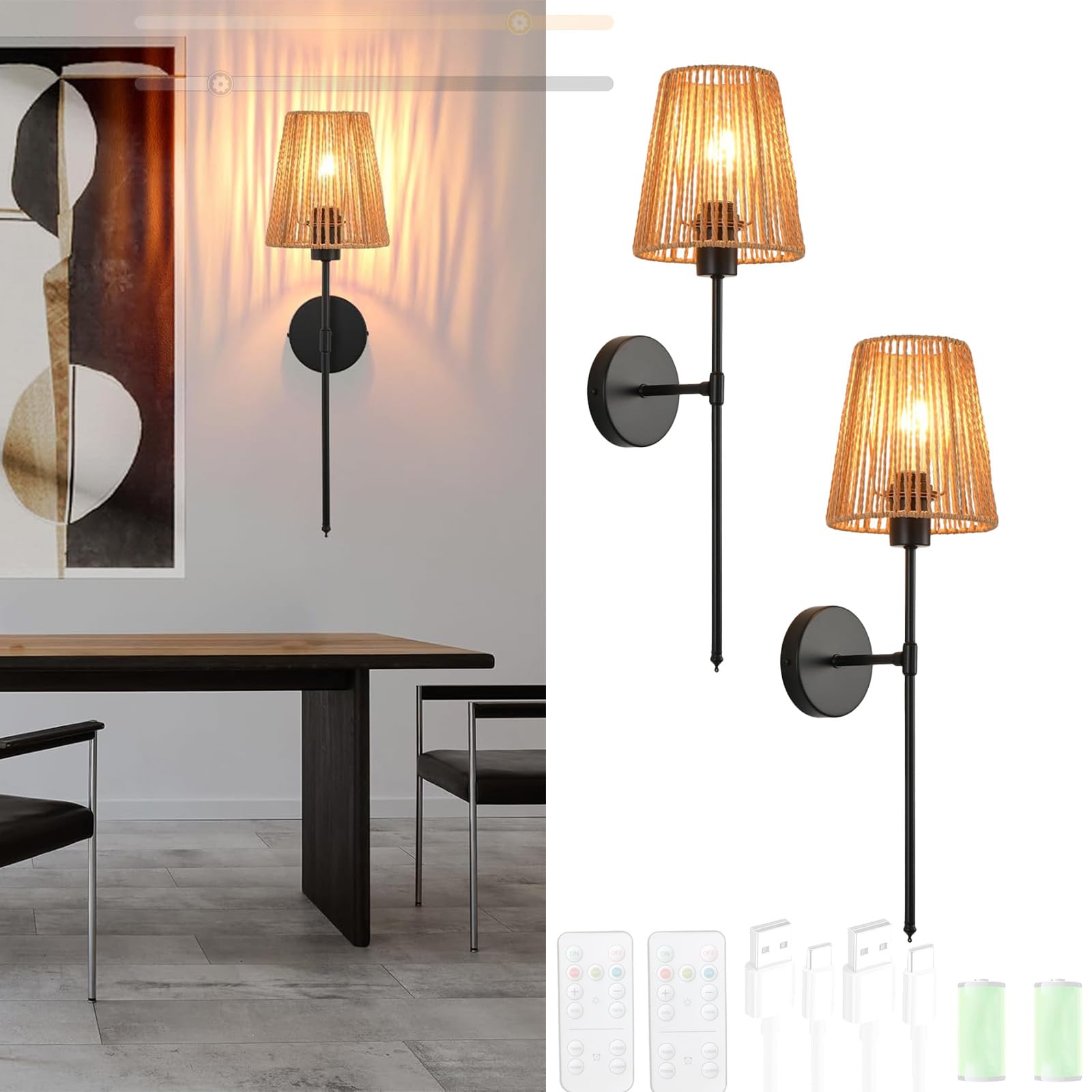 LED Bateria Kinkiety ścienne z pilotem Możliwość ściemniania Lampy ścienne USB Akumulator Vintage Oświetlenie Rattan Abażur do Wnętrz Sypialnia Salon (czarny, 2 szt.)