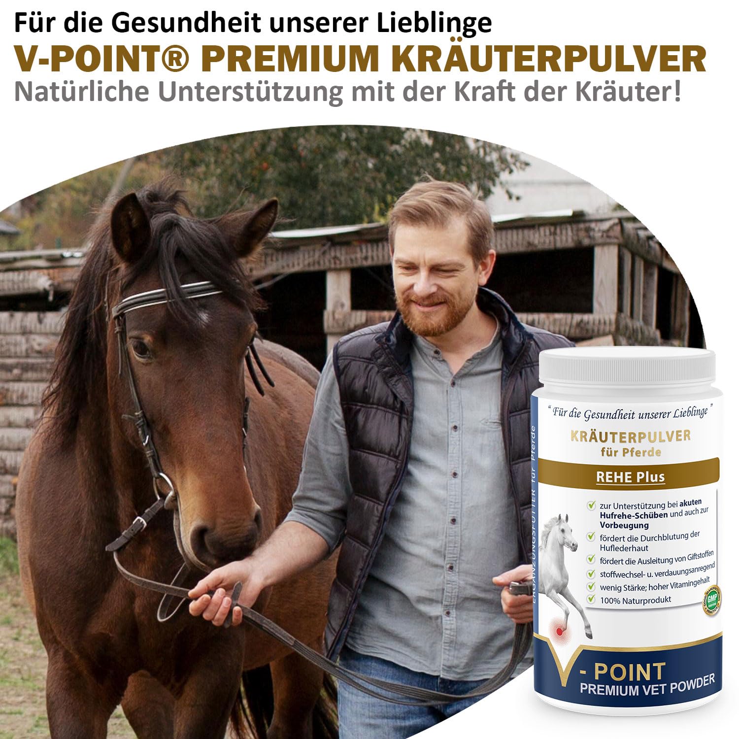 V-POINT REHE Plus bei akuten Hufrehe-Schüben zur Vorbeugung fördert Durchblutung der Huflederhaut - Hagebuttenpulver Mariendistel Spirulina (450 g)