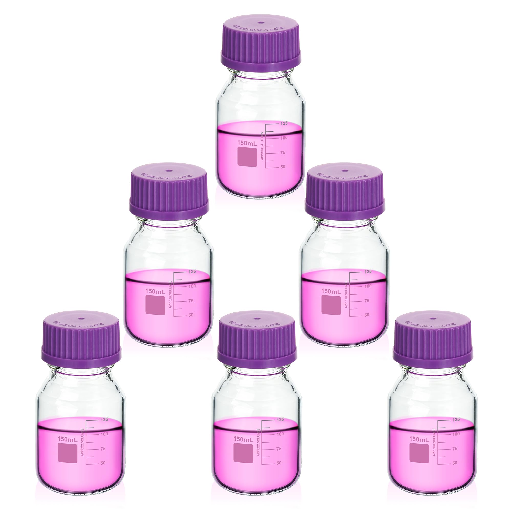 6 bottiglie rotonde da 150 ml, con tappo a vite GL45 in viola, 3,3 bottiglie di reagenti in borosilicato per laboratori, scuole e bottiglie di vetro per uso domestico, LVAD012