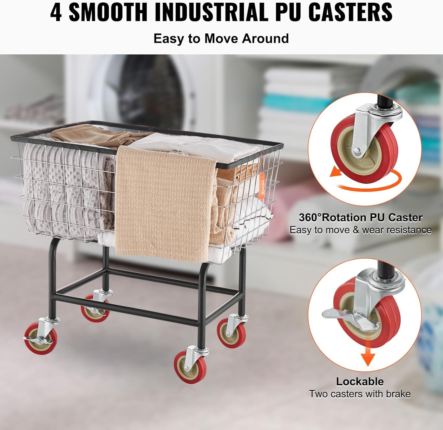 VEVOR Wire Laundry Cart, 2.8Bushel Wire Laundry Basket with Wheels, 26.7''x21.7''x26.4'' Commercial Basket Cart, Steel Frame with Chrome Finish, 4" Casters