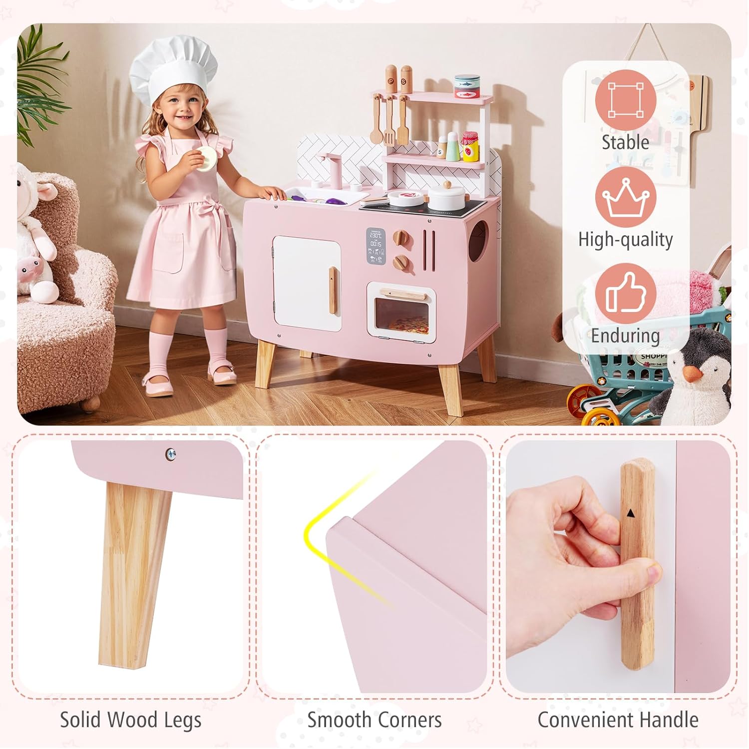 Costzon Kids Kitchen Playset, Toddler Interactive Pretend Play Toy w/Oven, Stove, Sink, Faucet, Storage Space, Cooking Accessories, Wooden Play Kitchen for Kids 3+, Gift for Boys & Girls, Pink