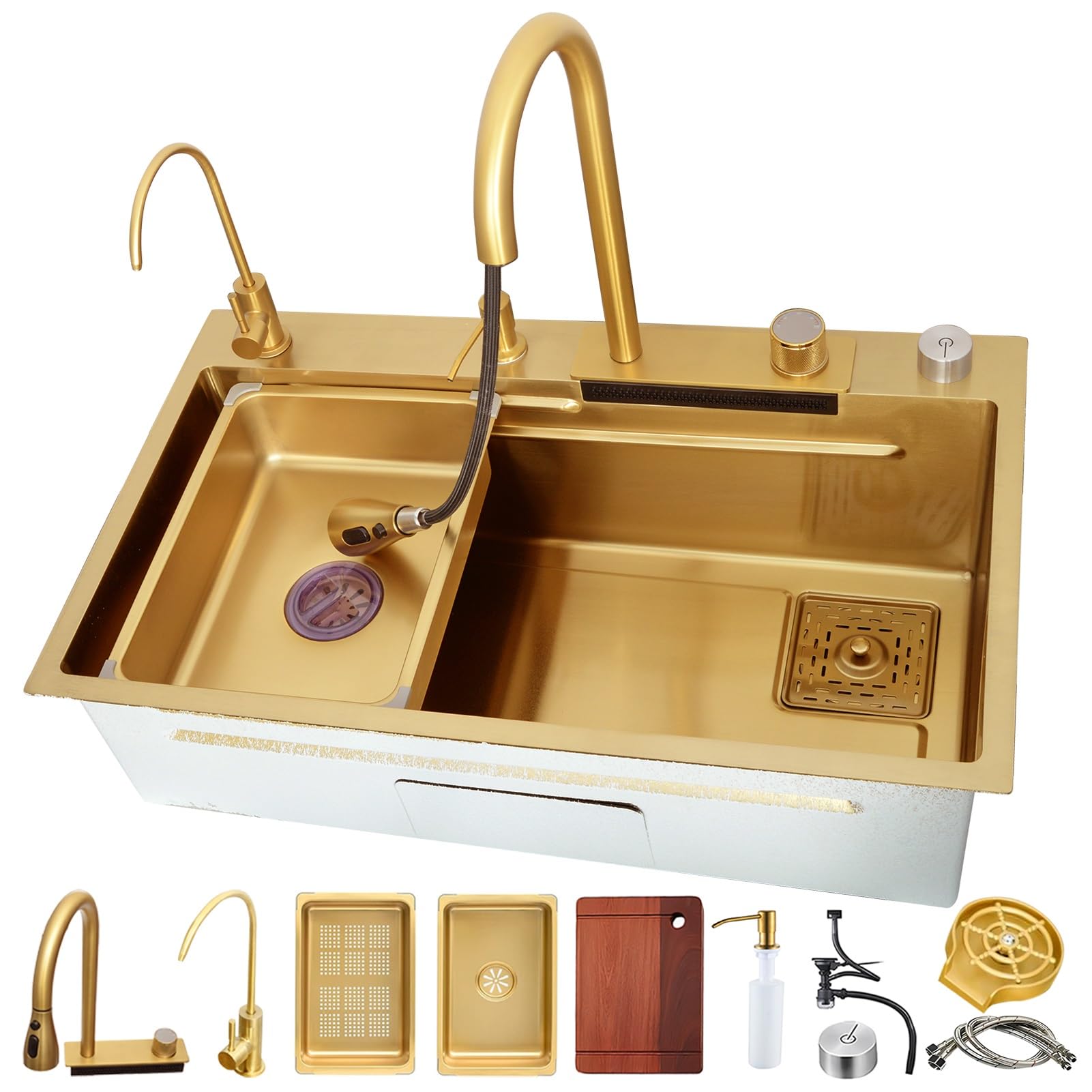 HYSOPSPX Stainless Steel Waterfall Kitchen Sink - Large Single Bowl, Multifunctional Topmount Bar with Integrated Faucet & Complete Accessories(Gold,68x45cm)