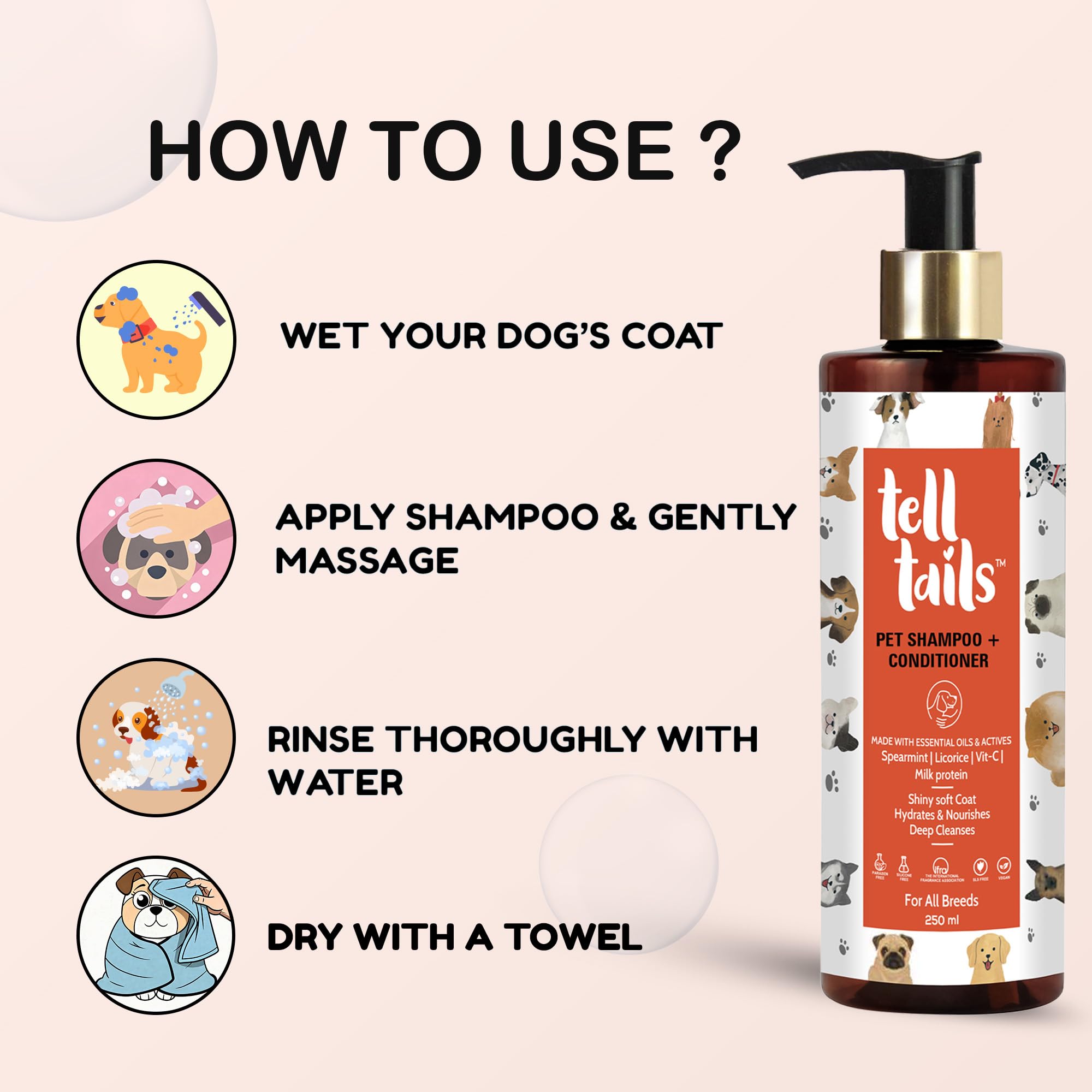 Tell Tails 2 in 1 Shampoo and Conditioner | Deep Cleanses & Conditions | Hydrates, Detangles & Freshens Coat | Spearmint, Licorice, Vitamin C & Milk Protein | Removes Odor & Dirt | All Breeds | 250ml 2