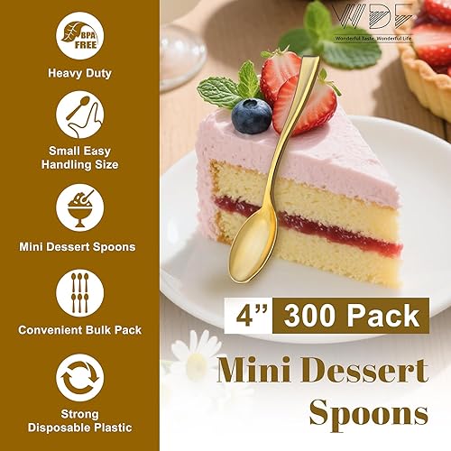 Vista 5 de WDF 300 mini cucharas de plástico doradas – Cucharas de postres de plástico dorado de 4 pulgadas, cucharas desechables resistentes perfectas para Oro