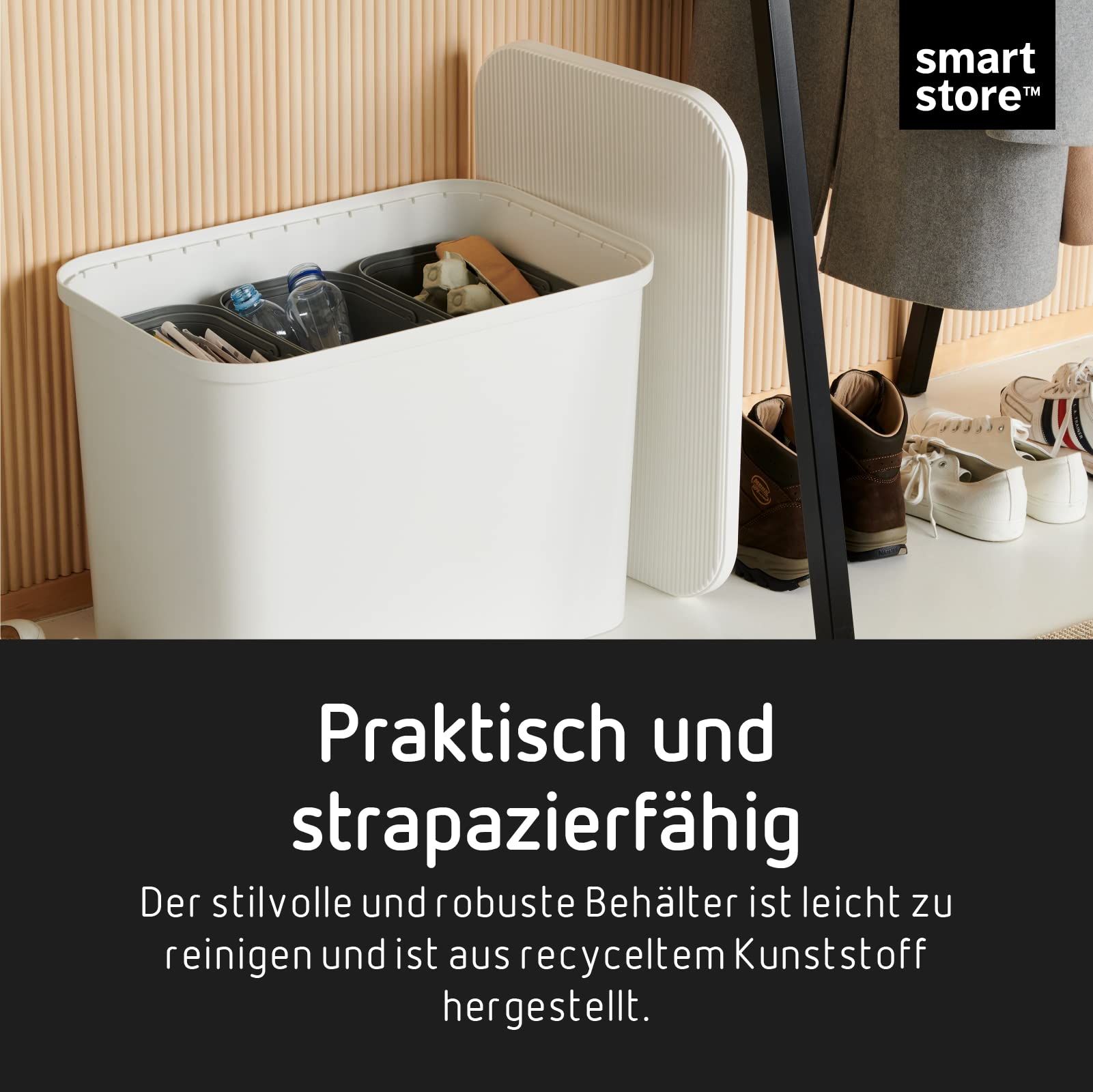 SmartStore Recycling-Mülleimer – 76 l großer Kücheneimer mit Holzdeckel, 3 x 13 l Eimereinsätze, 2 x kleine Deckel – stabile Recycling-Mülleimer für die Küche – weißer Kücheneimer
