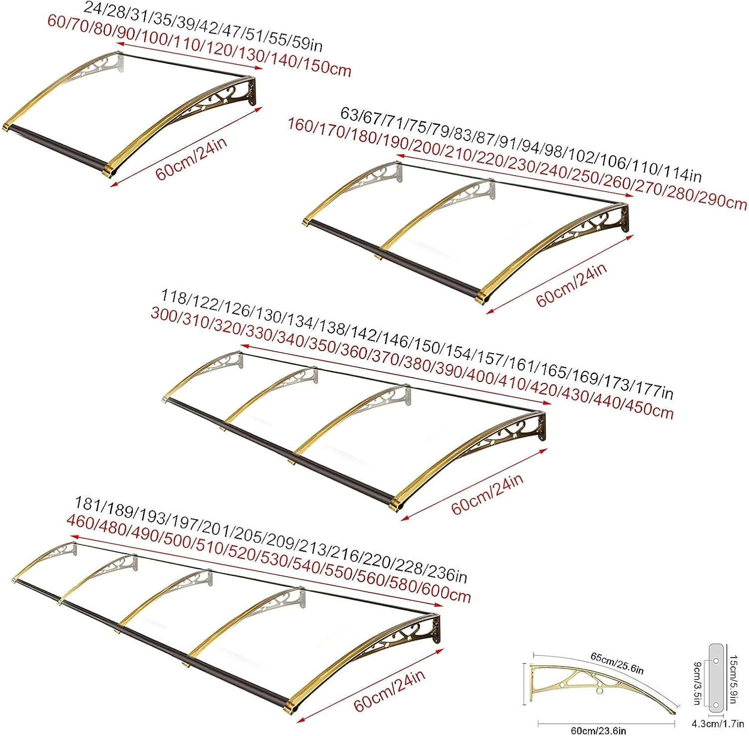 Curved Security Window Door Canopy,Home Window Awning,Roofing Rain Shelter,Patio Porch Awning,Transparent Rain Cover,Villa Entrance Sun Shetter,Polycarbonate Cover (60x130cm/24 x51)