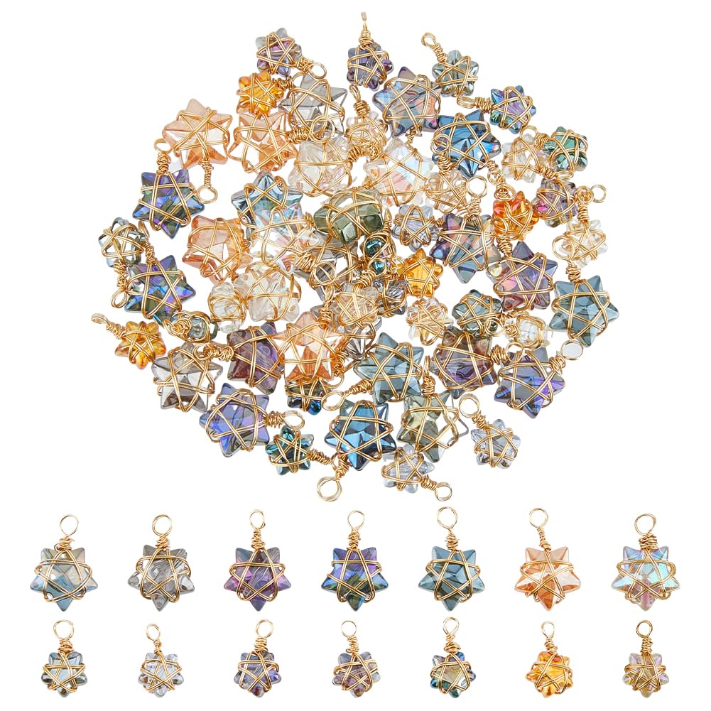 SUPERFINDINGS 56Pcs 2 Sizes Gold Wire Wrapped Star Pendants AB Color Electroplate Glass Charms 7 Colors Crystal Dangle Charms for Earring Bracelet Necklace Jewelry Making, Hole: 2.5~3mm