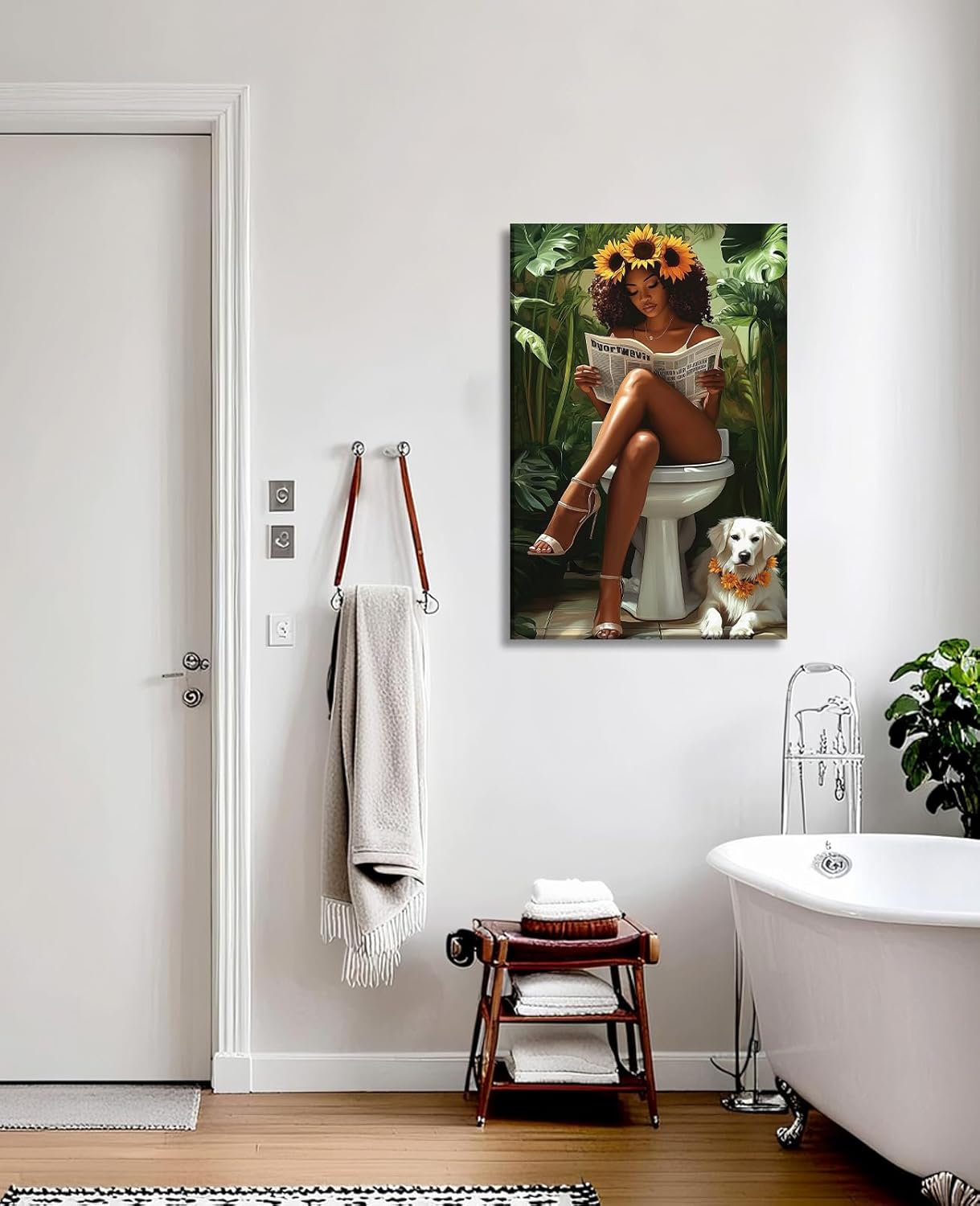 African American Bathroom Decor Canvas Wall Art Green Botanical Black Girl Pictures Fashion Modern Black Woman Framed Artwork for Home Wall Decor Framed Ready to Hang - 12.00"x18.00"