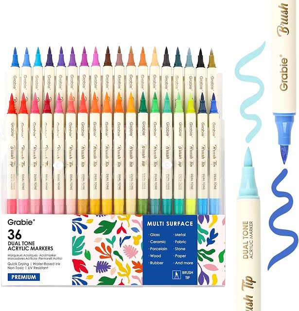 Grabie 72 Marqueurs de peinture acryliques, 36 Pack double pointe pinceau doux marqueurs acryliques, stylos à peinture à base d'eau pour le papier, peinture à la roche, bois, toile, verre, tissu, DIY Fournitures d'art pour tous les âges