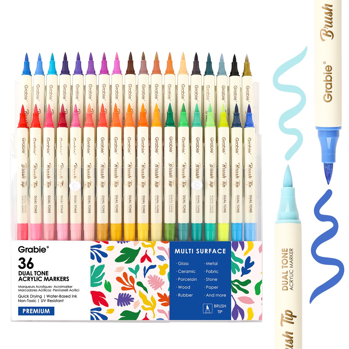 Grabie 72 Colors Paint Markers, Acrylic Paint Pens with 36 Dual-Color Brush Tips, Double Tipped Waterbased Markers for Rocks, Acrylic Drawing Marker for Art Supplies