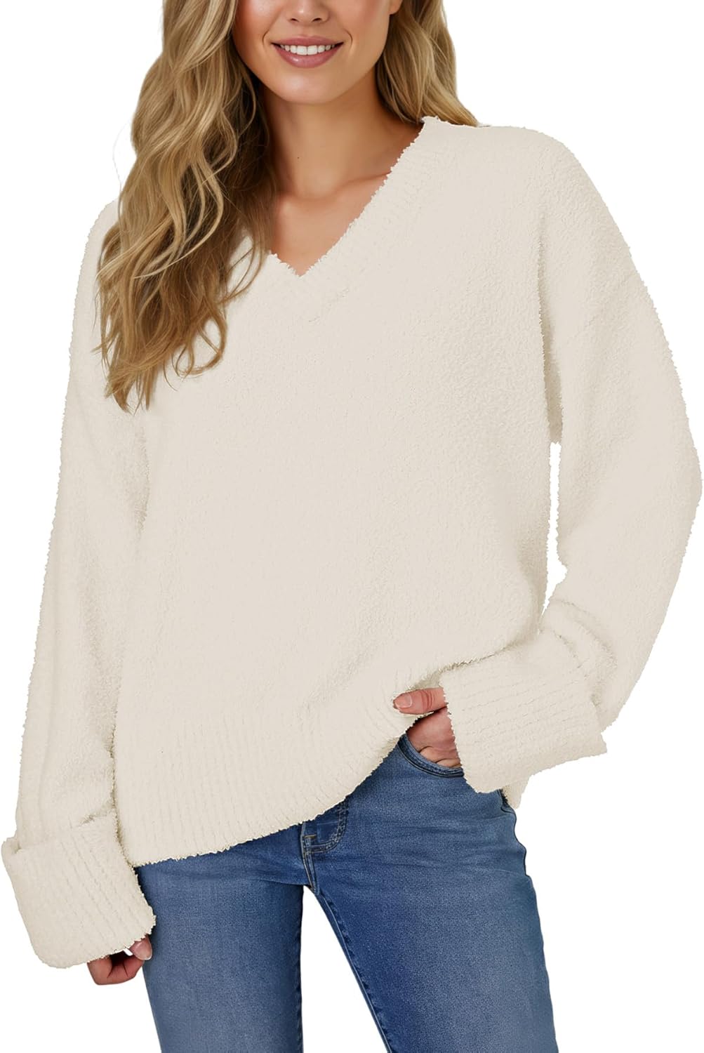 Vrtige Women's Oversized Sweater Fuzzy Chunky Knit V Neck Long Sleeve Warm Pullover Sweater - Image 2