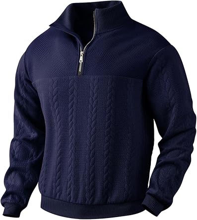 Mens Quarter Zip Sweater Men Quilted Sweatshirt Pullover Knit Long Sleeve Mock Neck Sweatshirt