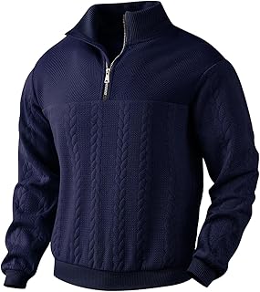 Mens Quarter Zip Pullover Men Sweater Quilted Sweatshirt Knit Long Sleeve Mock Neck Sweatshirt
