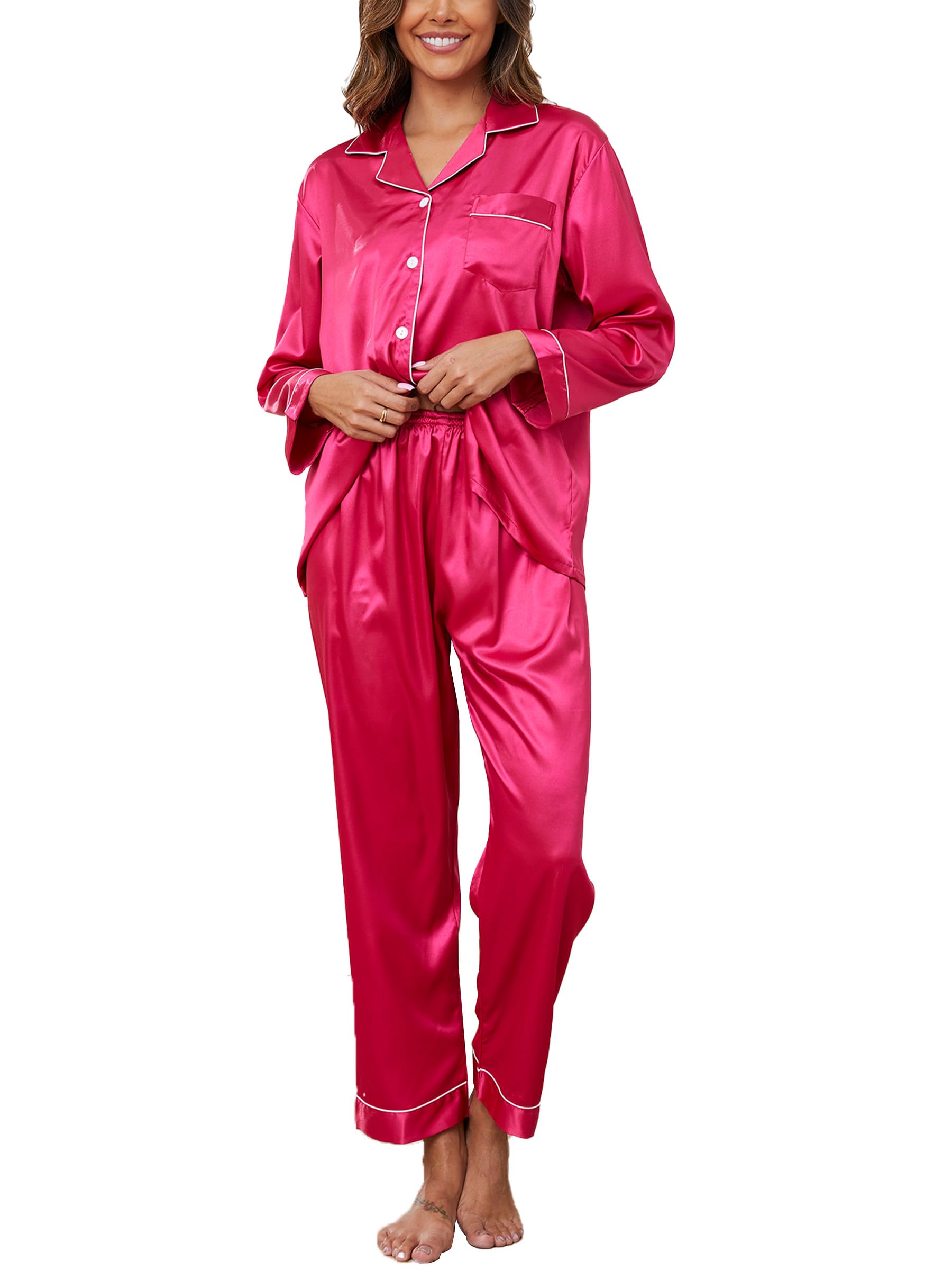 Reliwel Satin Schlafanzug Damen Langarm Pyjama Set mit Knopfleiste V-Ausschnitt Zweiteiliger Nachtwäsche Weiche Seiden Pyjamas Klassische Loungewear Hausanzug Pjs