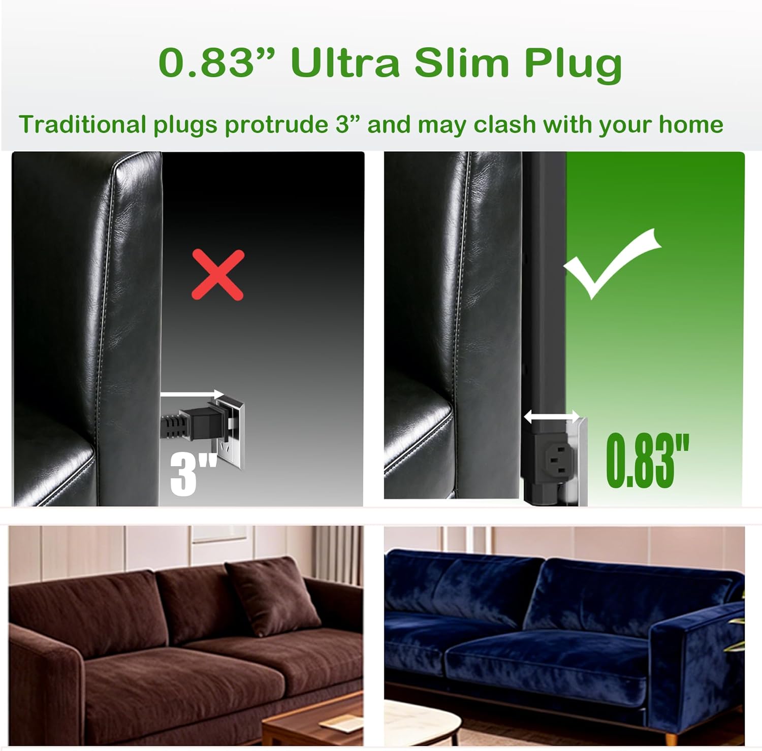 Outlet Extender Stick, 9-36 Inch Retractable Rotating Flat Wall Outlet Extender with 2 AC Outlets 2 USB-A 1 USB-C Ports, Dual Mounting Plug Extender for Behind Couch Furniture Home Office
