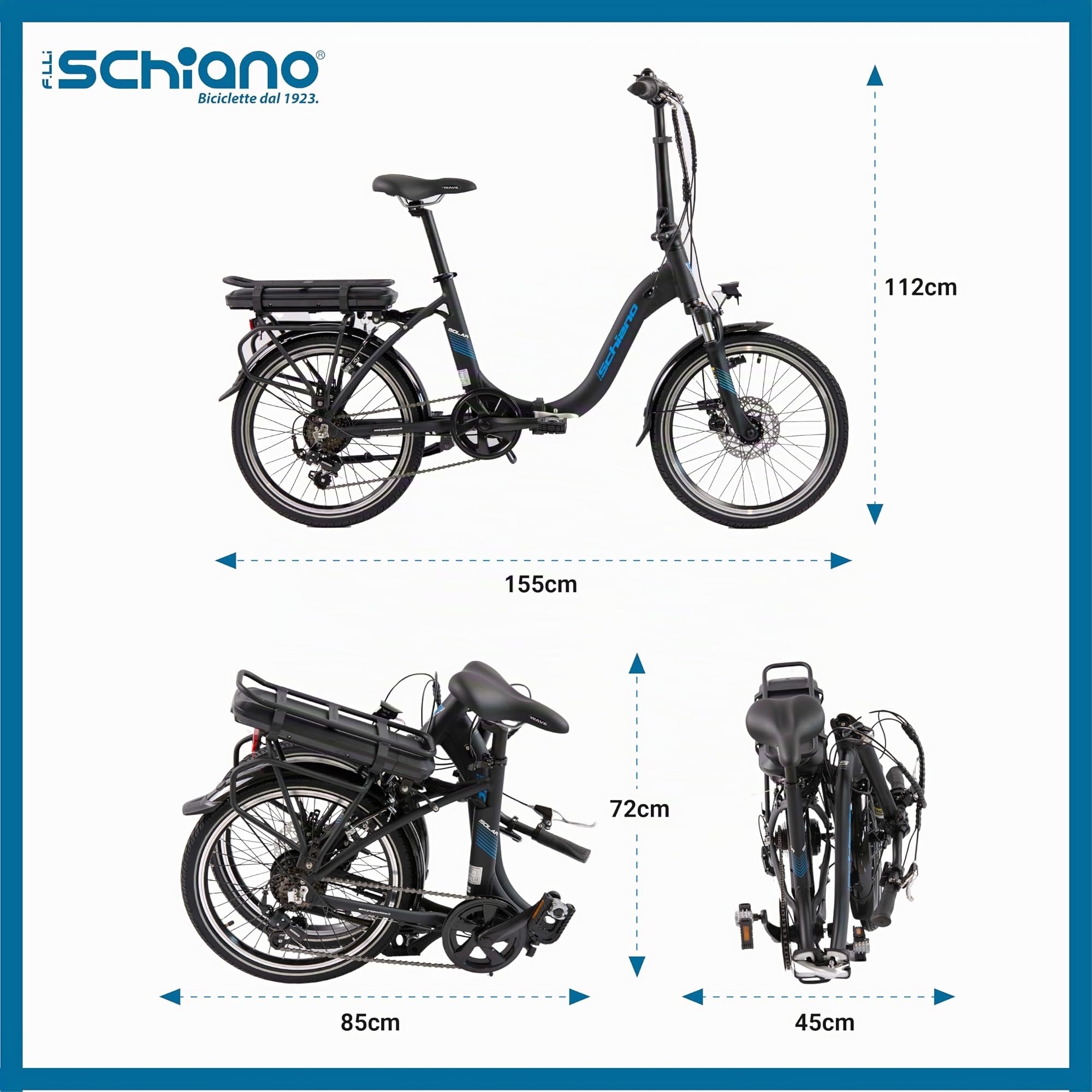 F.lli Schiano Solar, Bici Elettrica Pieghevole 20 Inches per Adulti, 36V 10Ah Batteria Rimovibile, Motore 250W 40Nm, City Ebike, Nero