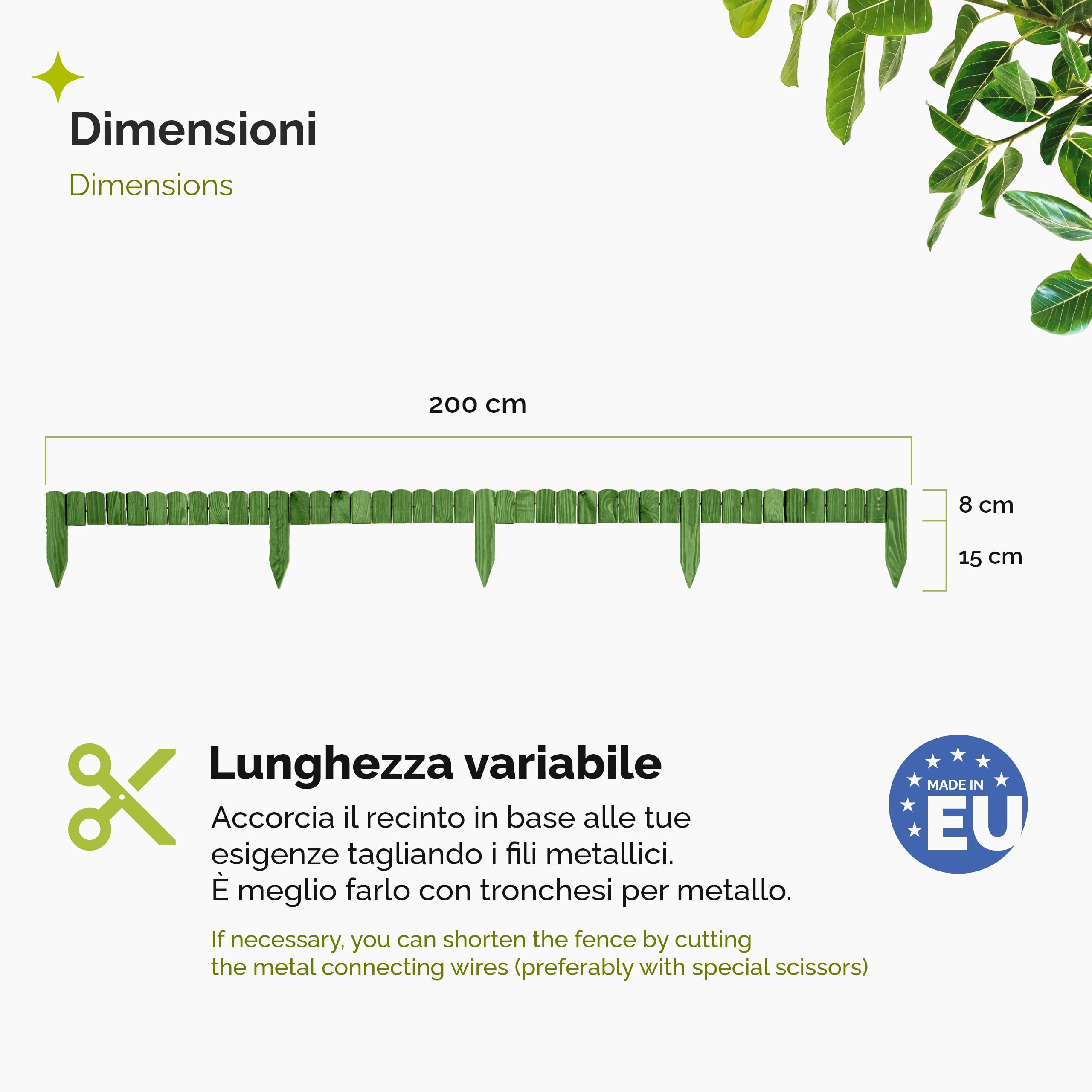 Garronda bordatura giardino bordura per aiuola staccionata in legno per giardino cordolo per aiuole Rollborder Recinzione Bassa Aiuola Lunghezza: 200 cm GD-0106 (Verde scuro, Altezza: 8 cm)