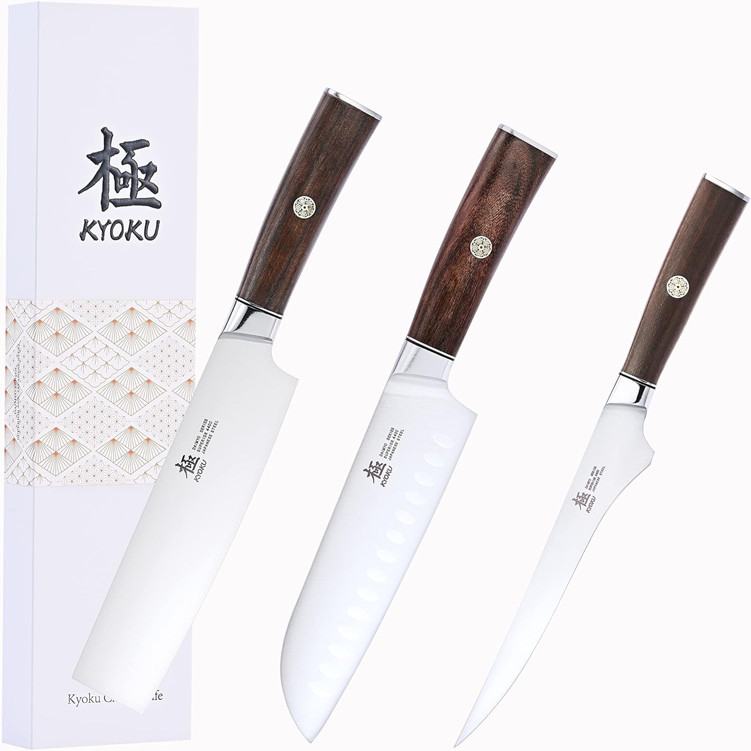 KYOKU Daimyo Series 6.5" Boning Knife + 7" Nakiri Knife + 7" Santoku Knife - Japanese 440C Stainless Steel - Rosewood Handle
