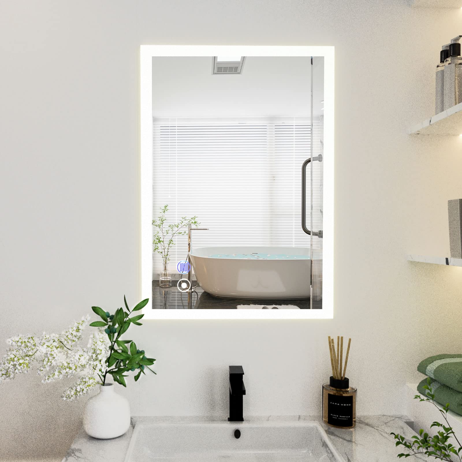 BEAUTYPEAK LED Bathroom Mirror, Anti-Fog 27" x 35" LED Intelligent Adjustment Vanity Bathroom Mirror, Wall Mounted Mirror with 3 Dimmable Light Modes Rectangle Makeup Mirror for Bathroom