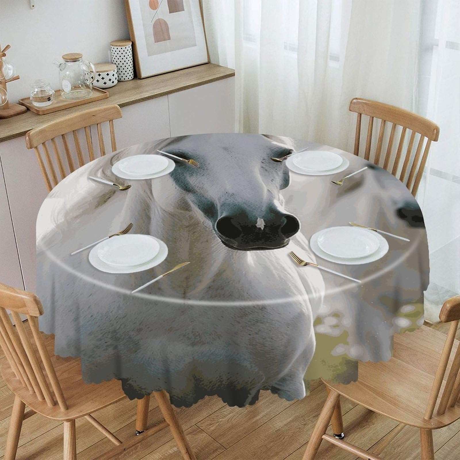 VstaDank White Horses Round Tablecloth 60 Inch Easy to Clean Circle Table Cover Thick Decorative Round Polyester Table Cloth for Dining Kitchen Party Farmhouse Outdoor