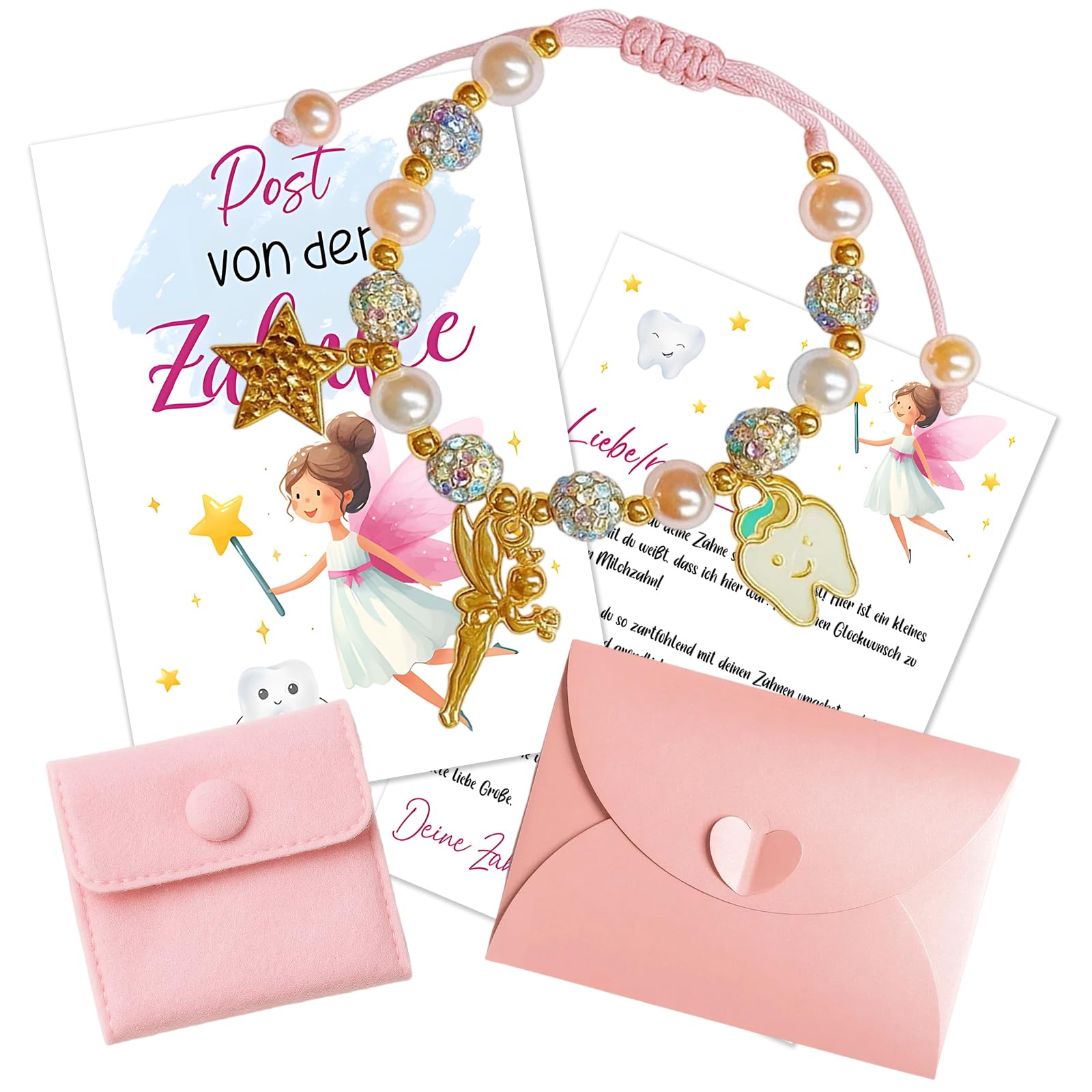 NieYat Zahnfee Geschenke Mädchen,Zahnfee Geschenke für Geschenkset mit Perlenkette, Karte, Säckchen und Umschlag für Taufe, Geburtstag Jahr Grußkarte Zahnfee Postkarte oder Weihnachten