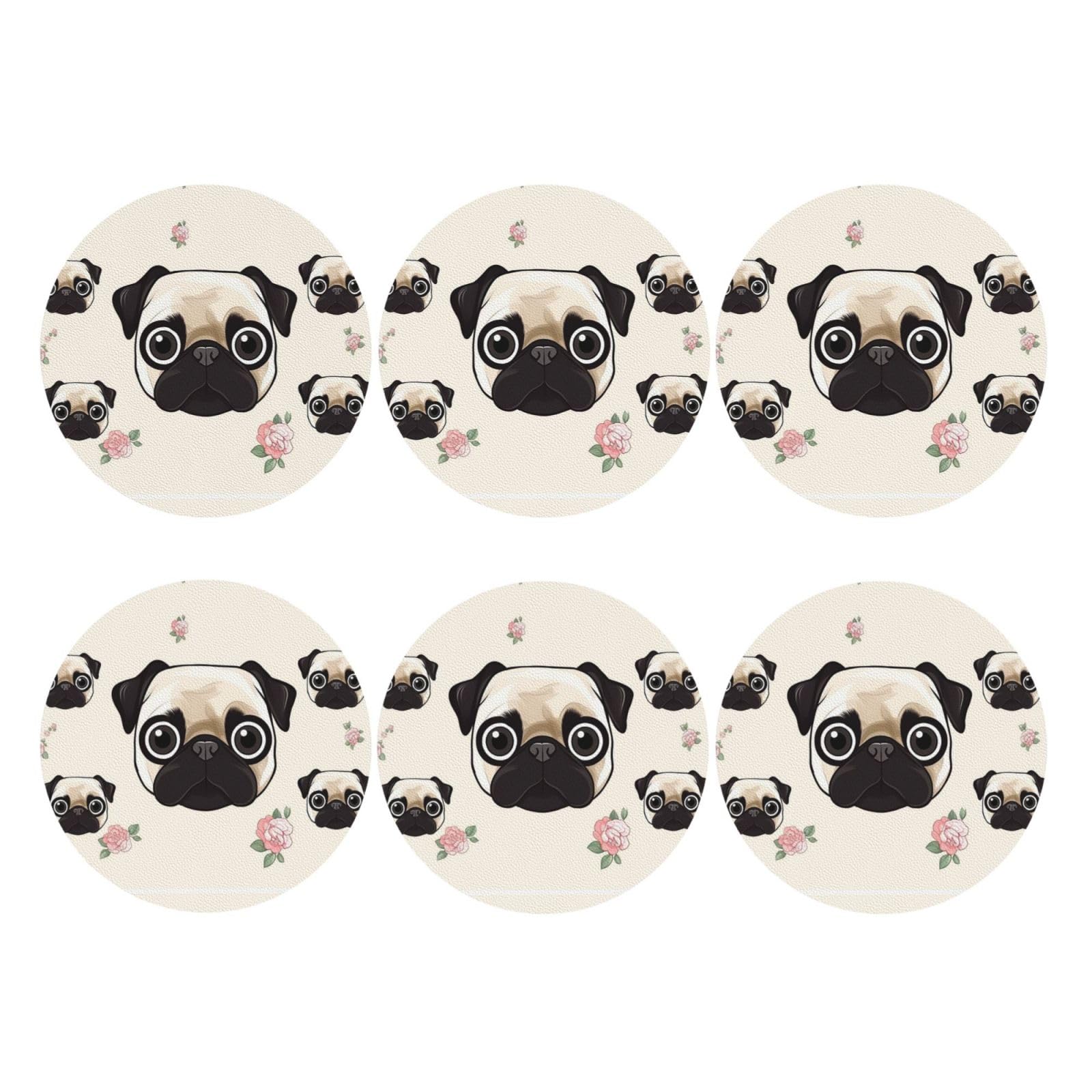 6pcs Leather Coasters for Drinks, Line Pug Drink Coasters for Tabletop Protection, 4" Cup Coasters for Coffee Table Decor, Non-Slip Drinking Cup Mat for Hot Or Cold Drink