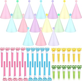 48Pcs Pastel Birthday Party Hats with Noise Makers, Rainbow Party Hats with Pom Pom Pastel Rainbow Themed Paper Hats for Kids Birthday, Baby Shower, Bridal Shower Party Decorations