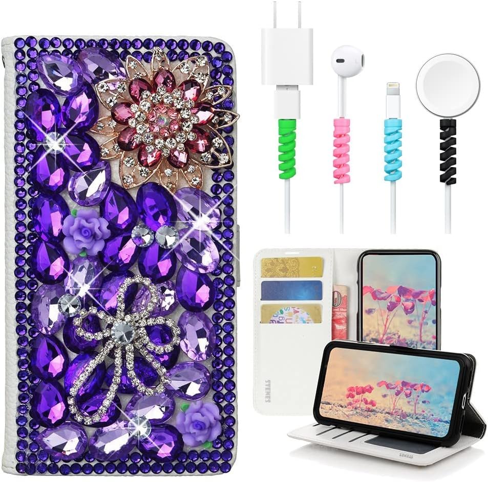 STENES Bling Wallet Case Compatible with Samsung Galaxy J7 (2018) - Stylish - 3D Handmade Rose Butterfly Flowers Design Leather Cover with Cable Protector [4 Pack] - Violet
