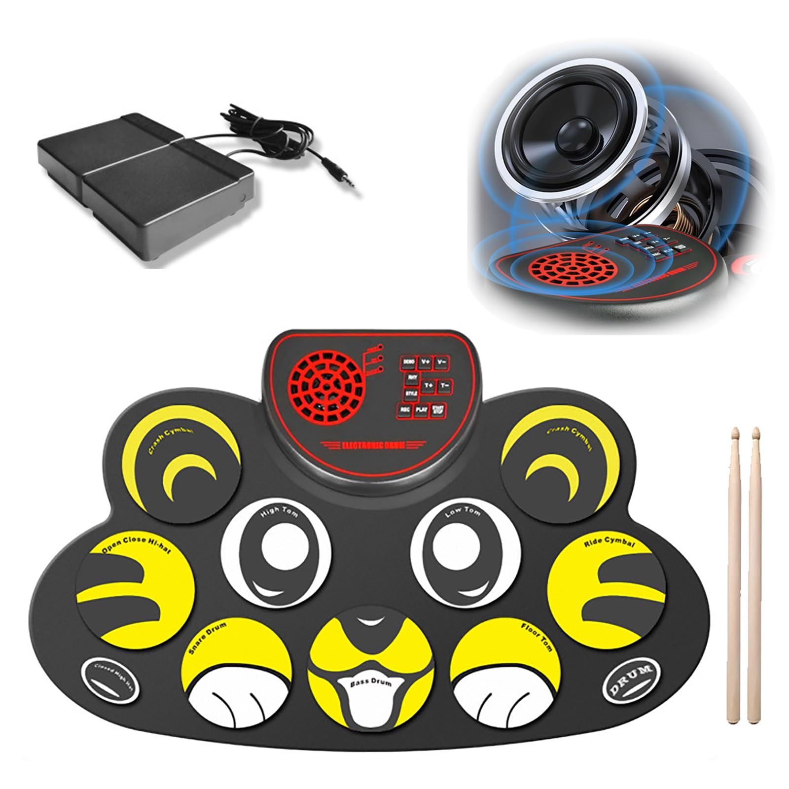 Batería Electrónica Enrollada A Mano Con 10 Pads De Batería, Pad Recargable Con Modo De Reverberación, Juegos DTX + Pedales Duales + Dispositivo De Conexión Por Cable + Auriculares/Woofer ,Tiger