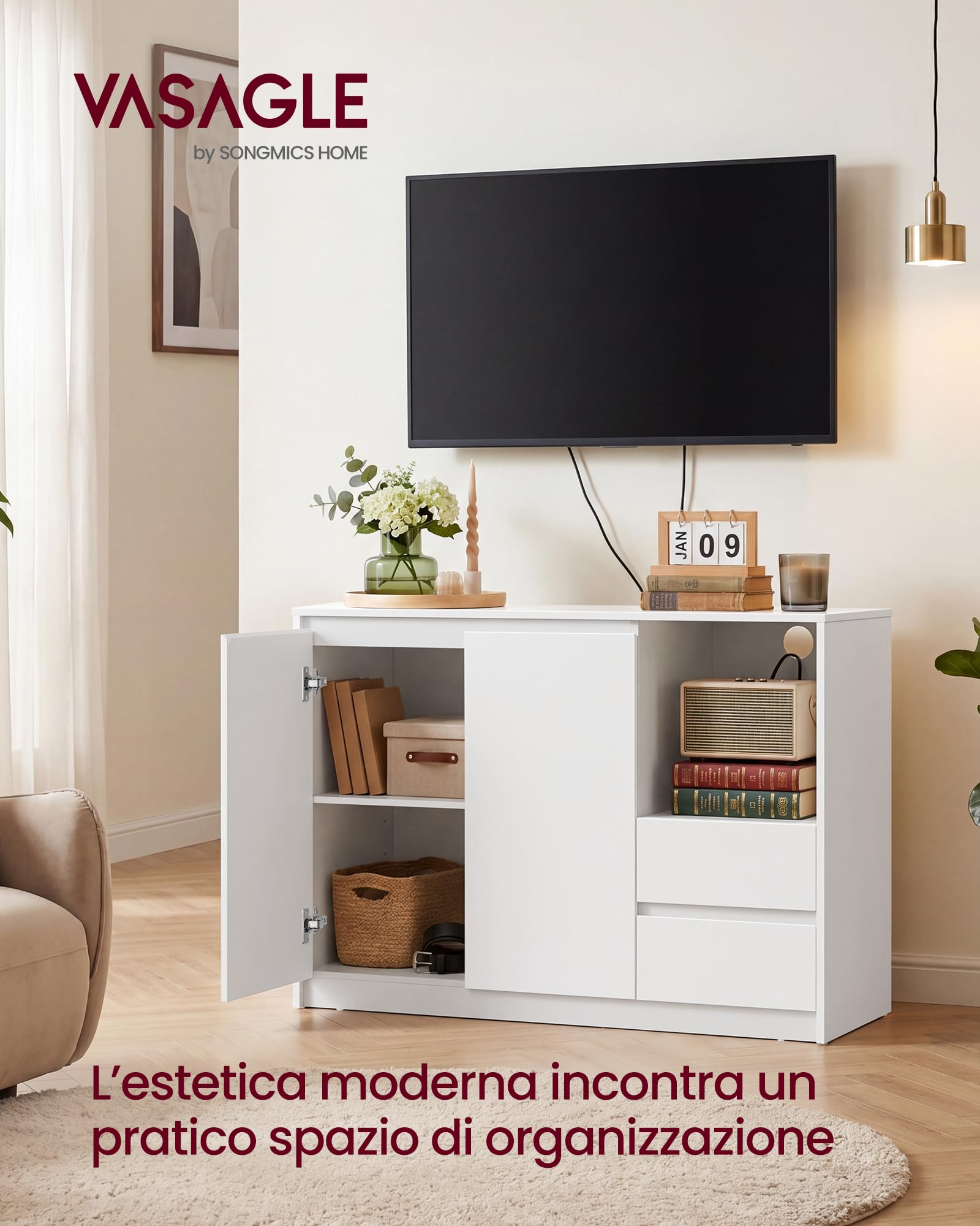 VASAGLE Credenza, 3 Cassetti, Ripiani Regolabili, 40 x 103,3 x 74 cm